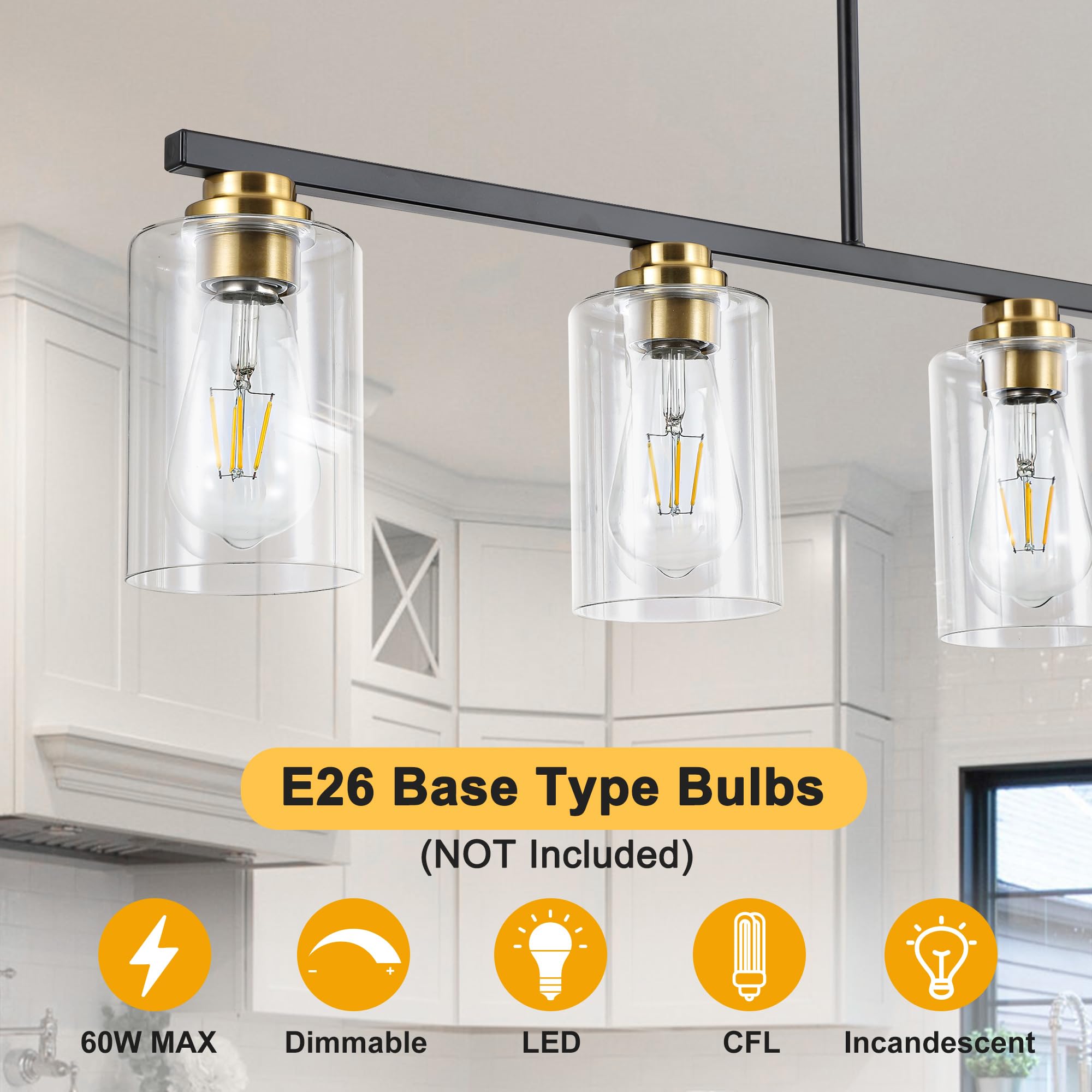 Black and Gold 5-Light Linear Chandelier - Modern Pendant Lighting for Kitchen Island, Dining Table & Living Room | Dimmable LED Fixture for Home Decor & Ambient Lighting