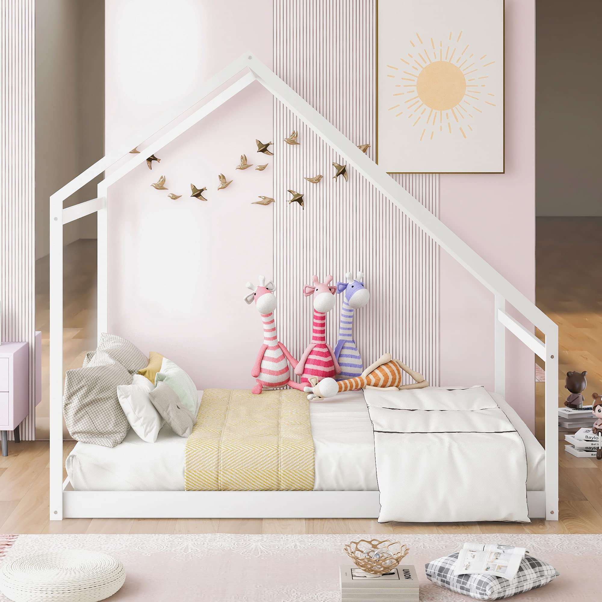 Merax Full Size Wooden House Bed with Roof - White Kids Playhouse Bed for Bedroom & Nursery Decor - Perfect for Imaginative Play & Room Makeover