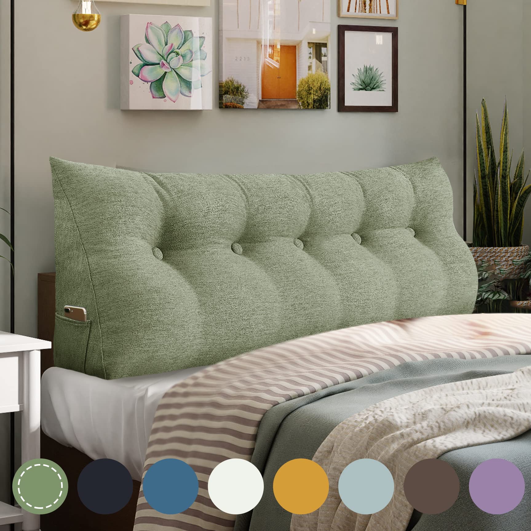 WOWMAX Multifunctional Upholstered Headboard Pillow for Twin/Twin XL Beds - Button Tufted Design with Removable Washable Cover (Green) - Perfect for College Dorm Rooms, Small Apartments & Bedroom Decor