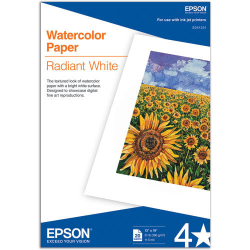 Epson Watercolor Paper Radiant White 13x19 Inches - 20 Sheets - Acid-Free Cold Press Paper for Artists, Painting, and Mixed Media - Perfect for Watercolor, Gouache, and Ink Projects