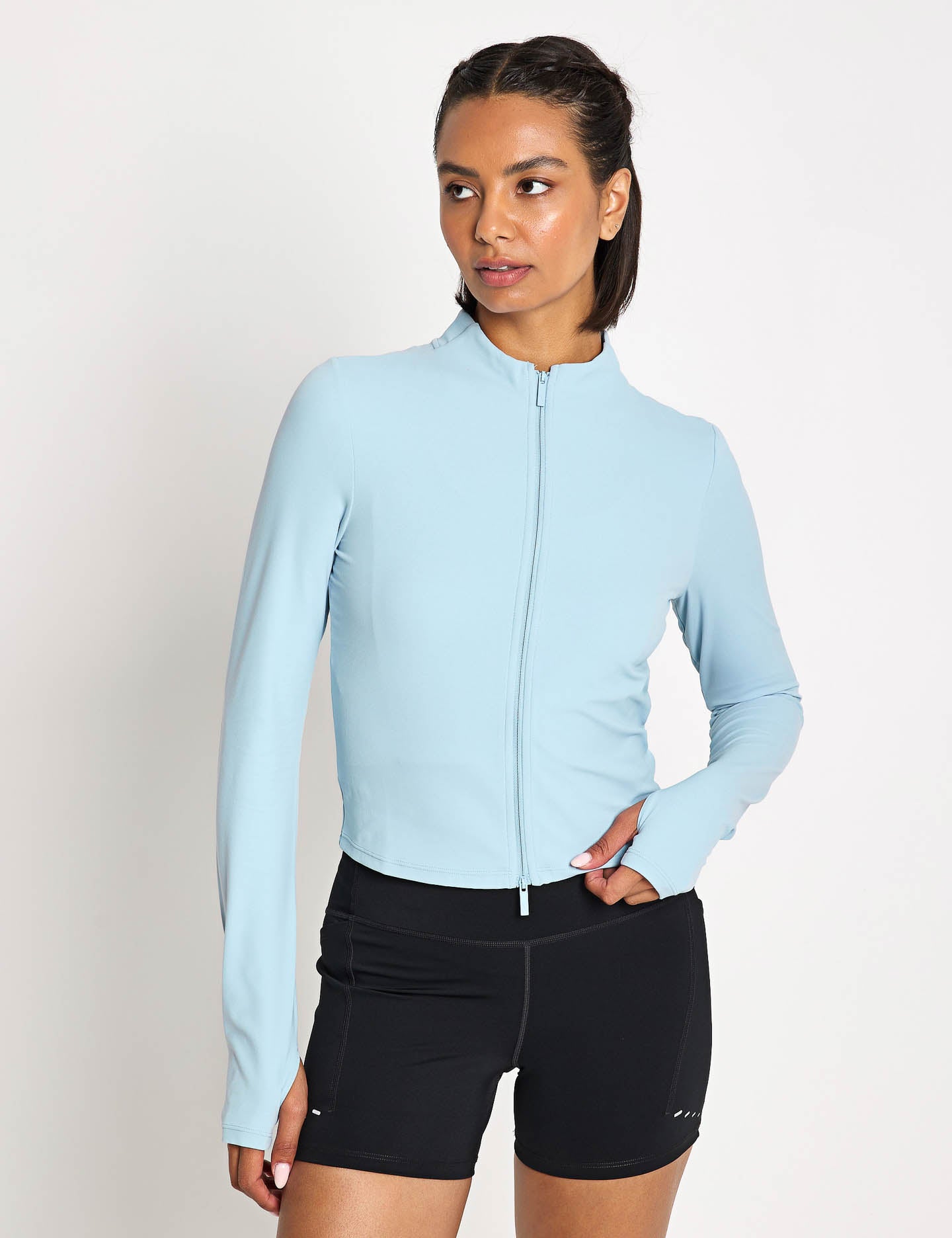 Zenvy Full Zip Long Sleeve Women's Workout Top - Light Armory Blue & Cool Grey | Yoga, Running & Gym Wear for Active Lifestyles