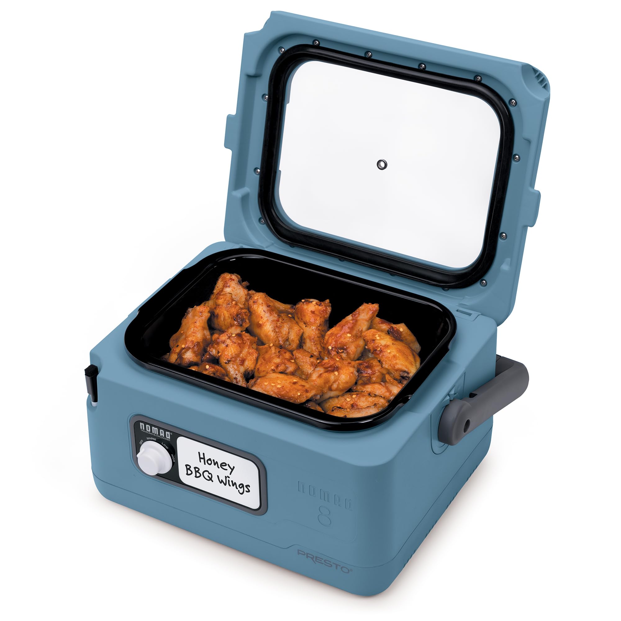 Presto 06017 8-Quart Nomad Traveling Slow Cooker - Portable Blue Slow Cooker for Camping, Road Trips & Family Gatherings | Easy-to-Carry Design with Secure Lid Lock