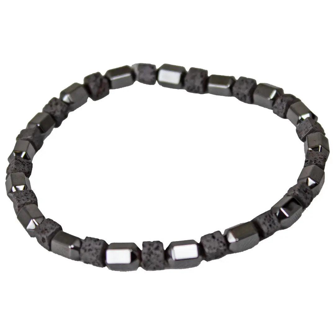 SteelTime Men's Black Leather Stainless Steel Bracelet with Hematite & Lava Stone - Stylish Gift for Men, Outdoor & Casual Wear