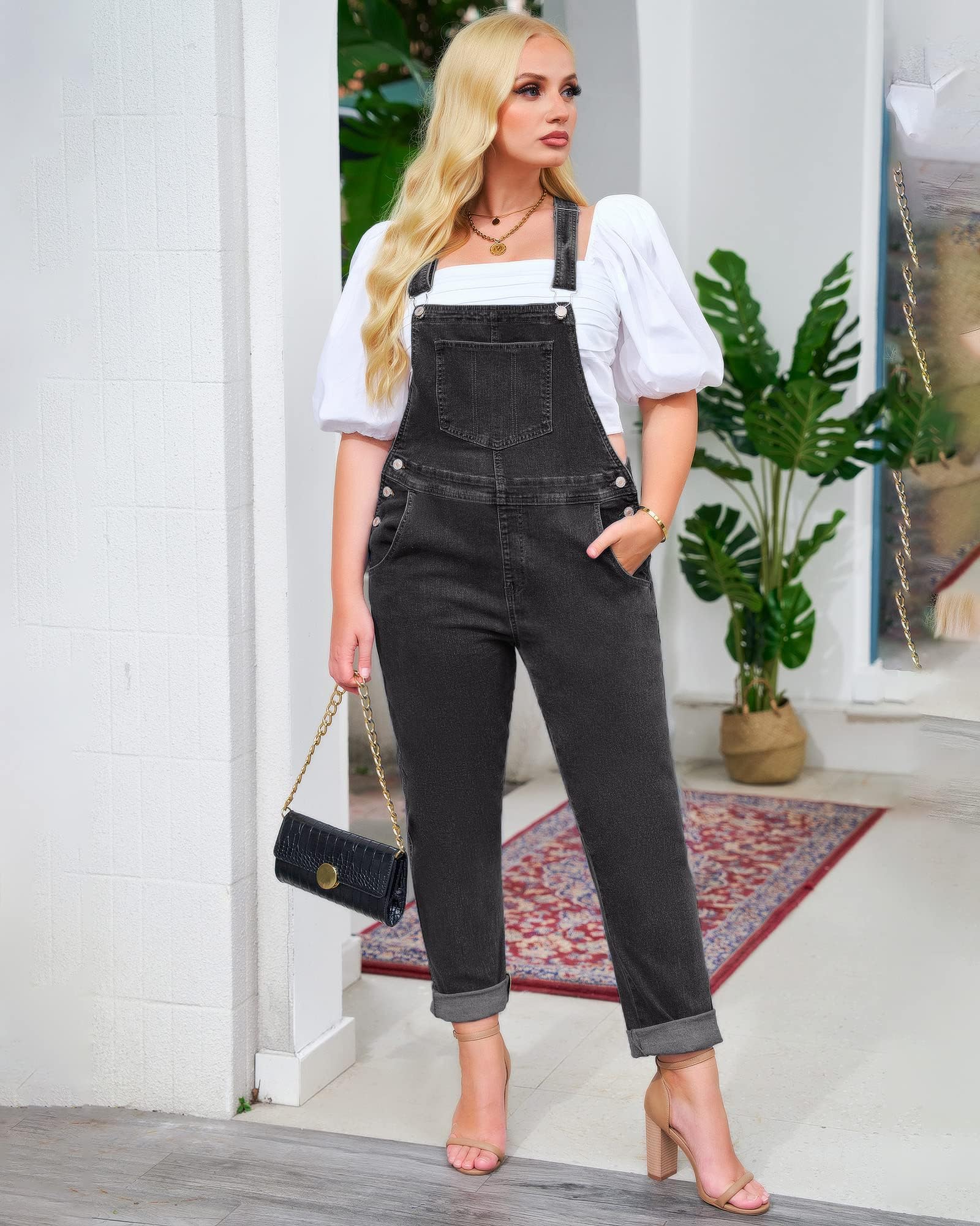 Vetinee Women's Classic Adjustable Strap Denim Overalls with Pockets - High Waist Bib Jeans Pants for Casual Wear, Work & Outdoor Activities