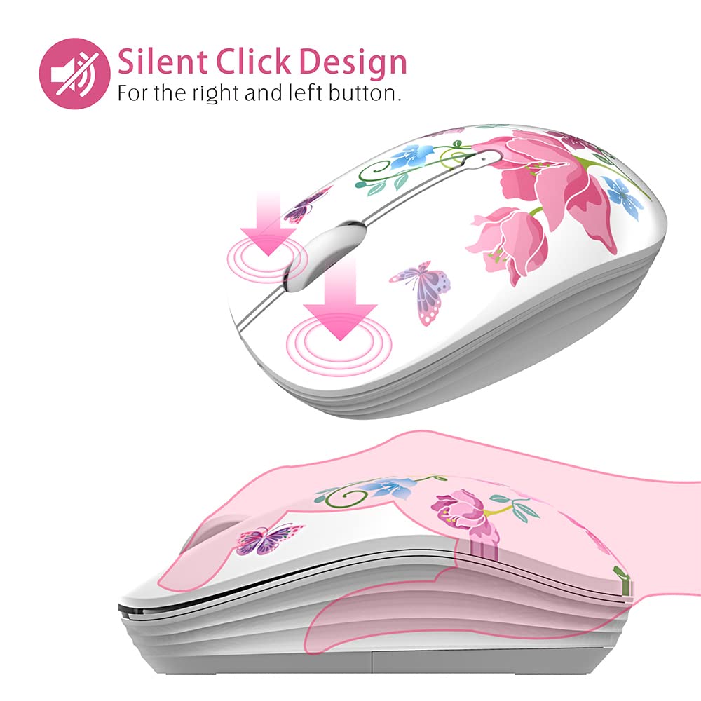 TENMOS M101 Wireless Mouse - Cute Silent USB Mouse with 2.4G Receiver, 1600 DPI Optical Wireless Travel Mouse for Laptop, Notebook, PC - Perfect for Office, Home & Travel (Butterfly Design)
