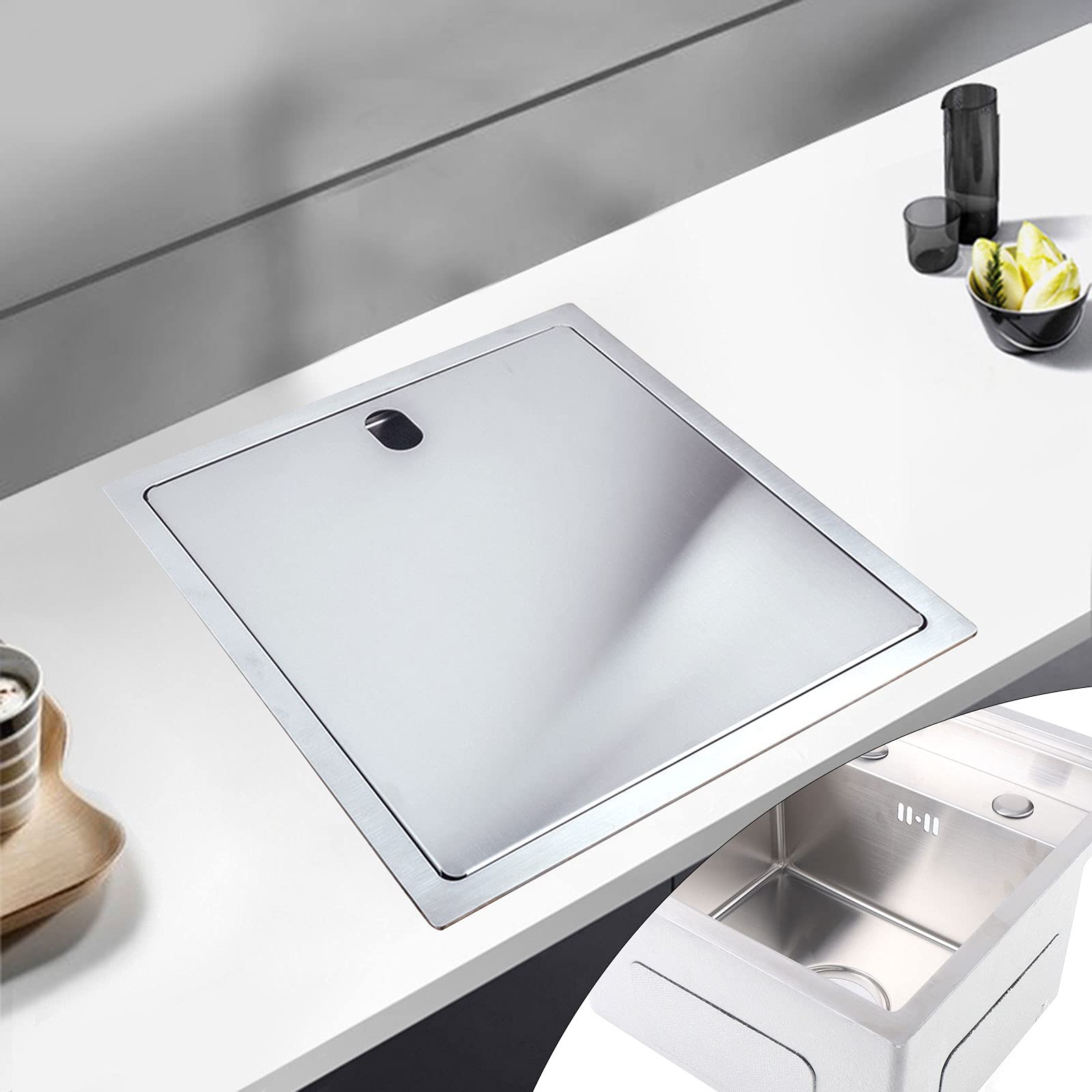 16.9 x 15.4 Inch Undermount Single Bowl Kitchen Sink - Brushed Stainless Steel with Folding Faucet & Cover - Perfect for Home Kitchen Renovation & Small Space Installation (Silver)