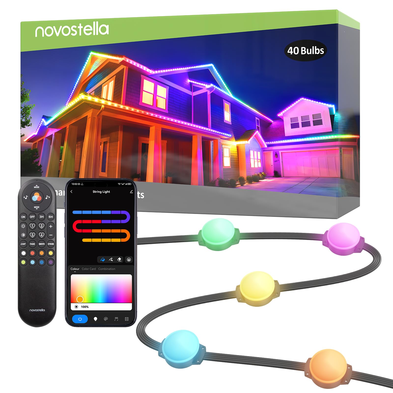 NOVOSTELLA 50ft Permanent Outdoor Smart RGB IC Lights - 40 LED IP65 Waterproof WiFi APP Voice Control for Holidays, Christmas, Daily Lighting - Perfect for House Facade, Garden, Patio, and Landscape Decoration