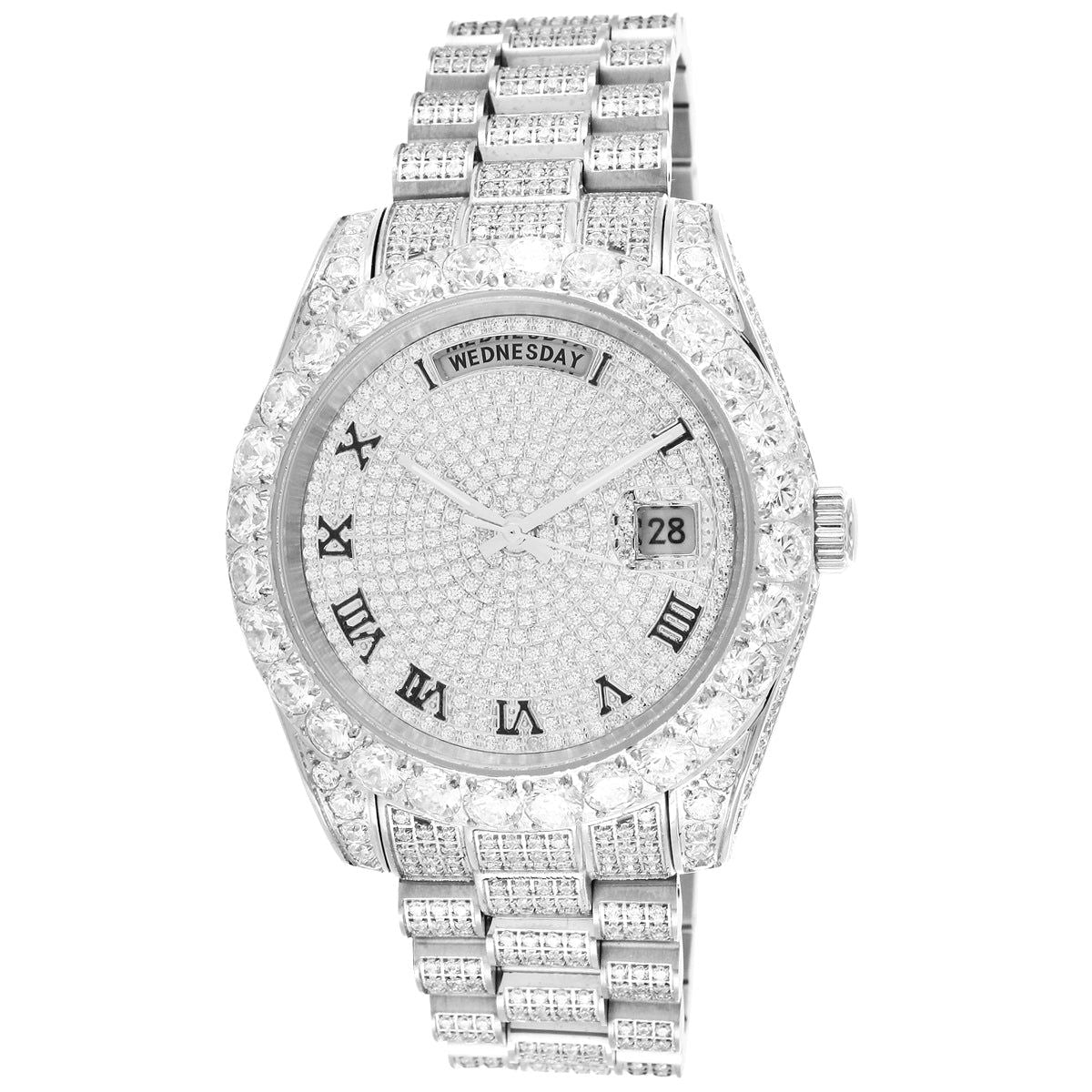 Luxury Presidential Solitaire Bezel White Tone Steel Watch for Men - Elegant Dress Watch for Business, Formal Events & Special Occasions