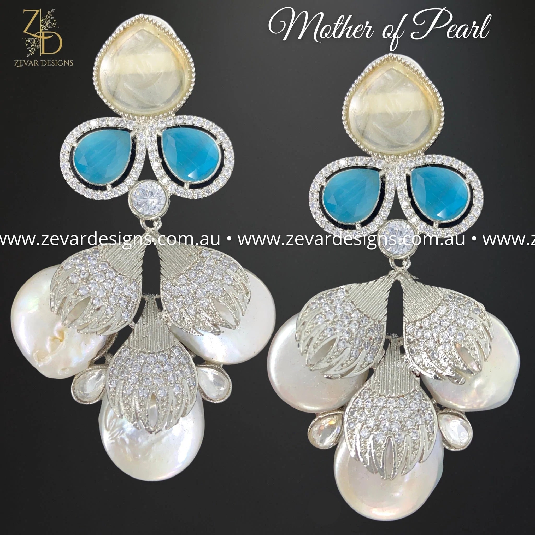 Exquisite Kundan AD Earrings with Genuine Mother of Pearl in Aqua Blue | Elegant Indian Jewelry for Weddings, Parties & Special Occasions