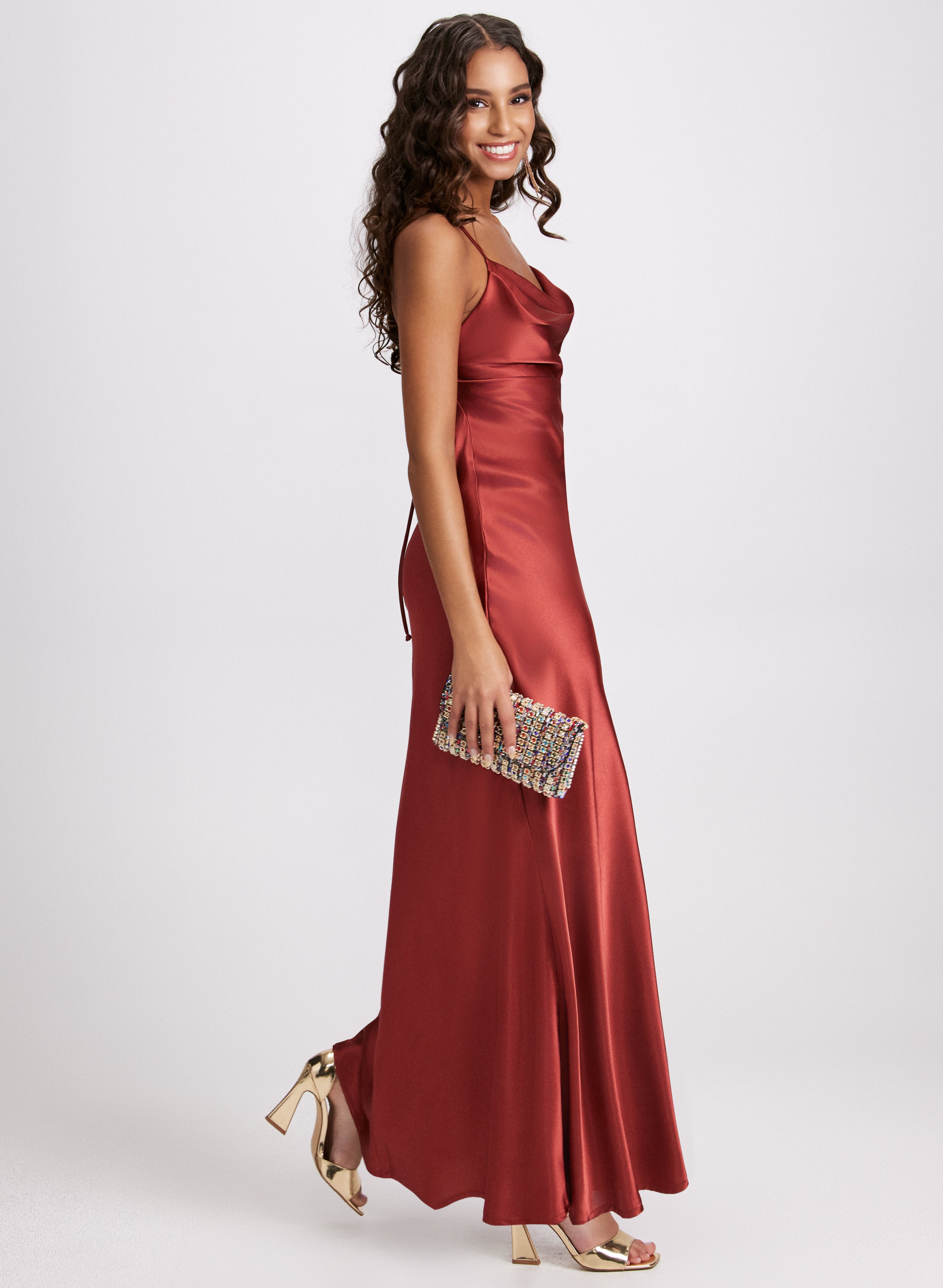 Elegant Drape Neck Satin Dress for Women - Formal Evening Gown for Parties, Weddings & Special Occasions