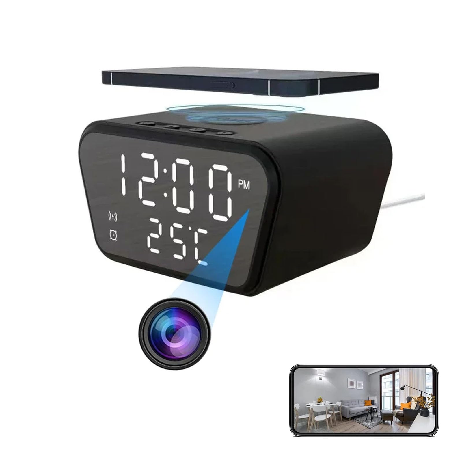 FKINGLRK 1080P Hidden Camera Clock - Wireless Charging, Digital Alarm, Temperature Monitor & Auto Loop Recording - Perfect for Home Security, Office Monitoring & Travel Safety
