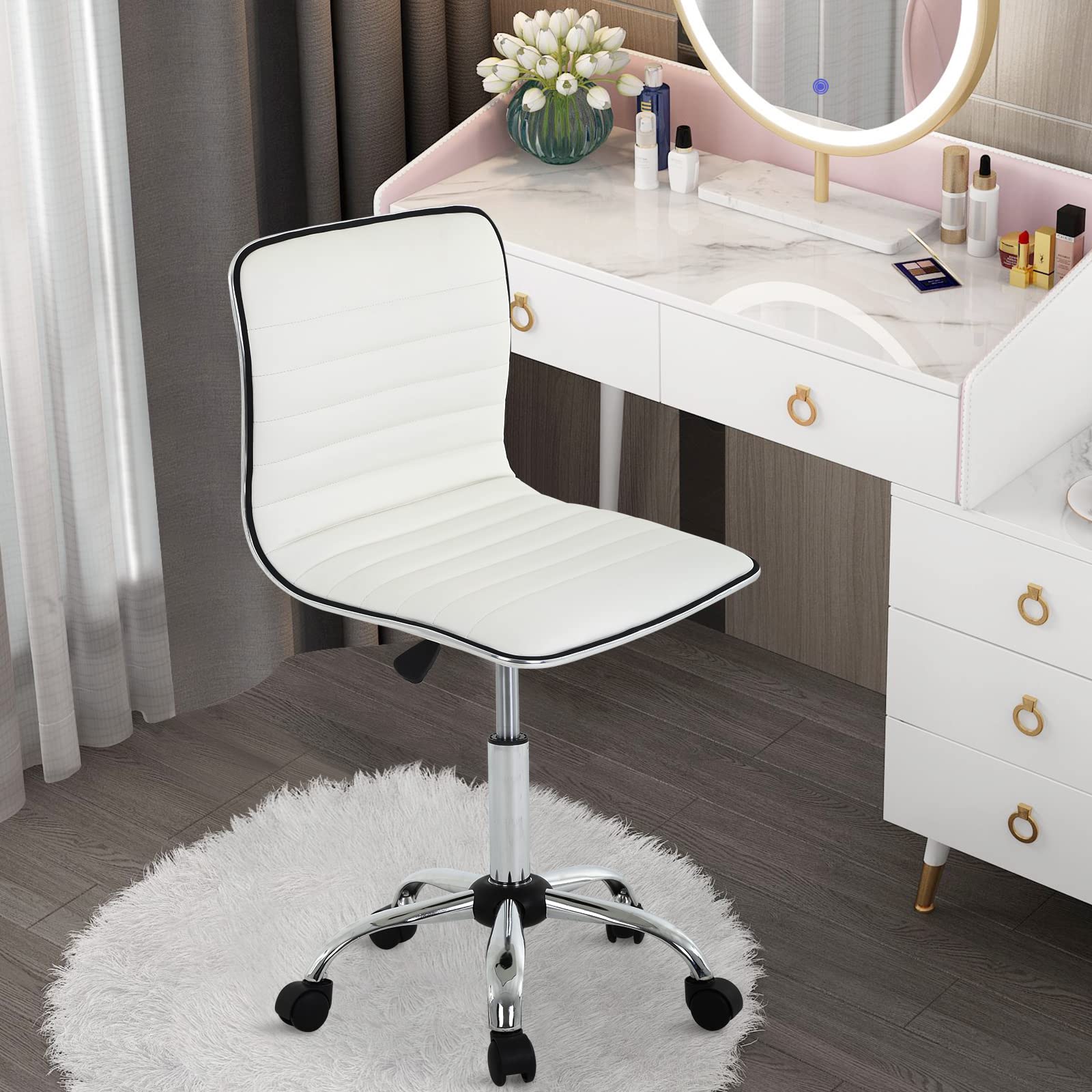 Ergonomic Small Task Chair for Women - Low Back Armless PU Leather Office Chair with Wheels, Rolling Computer Desk Chair for Vanity Makeup Room & Home Office - Comfortable Ribbed Executive Chair for Working, Studying & Beauty Routines