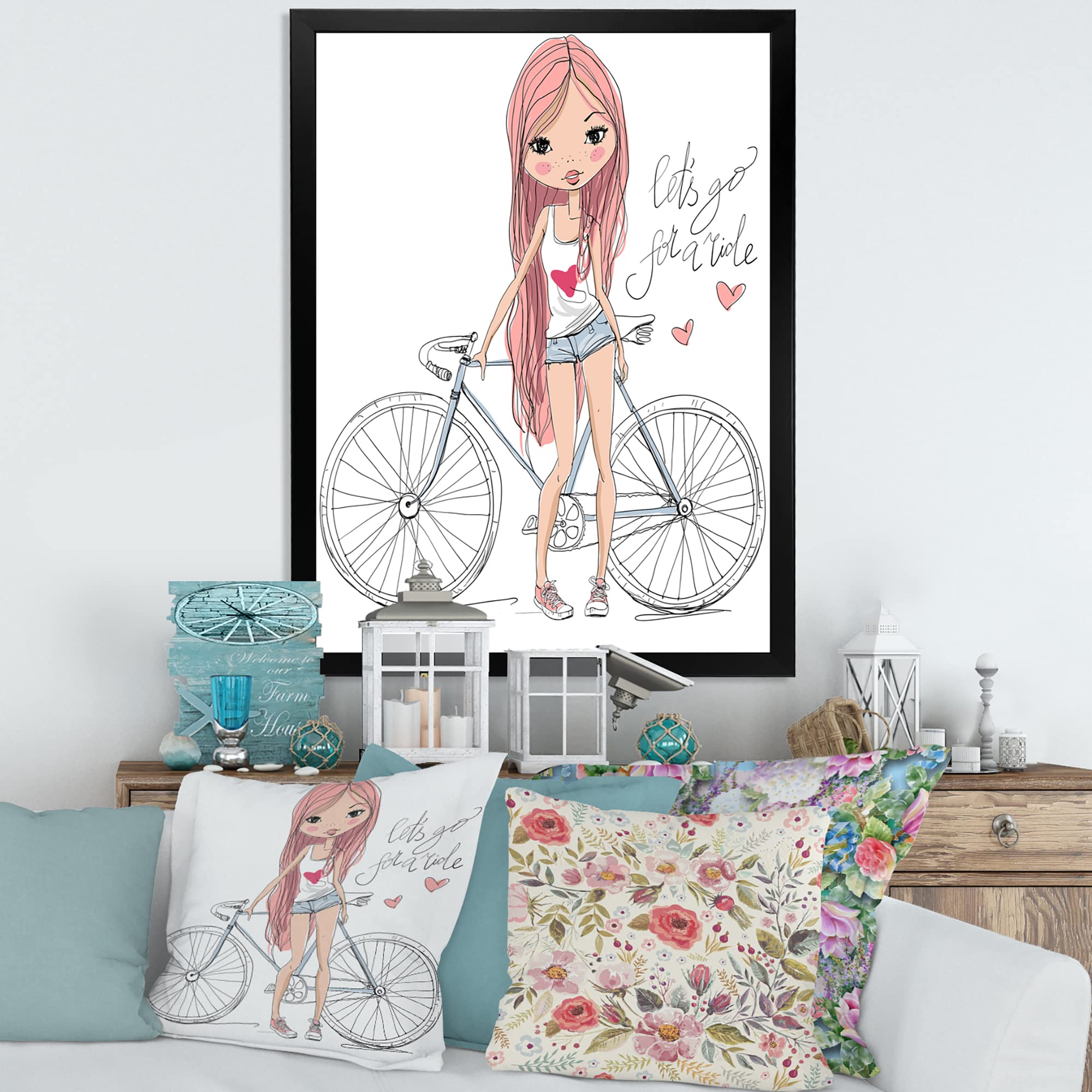 Children's Framed Wall Art - Young Girl Riding Bicycle Painting - Nursery, Bedroom & Playroom Decor