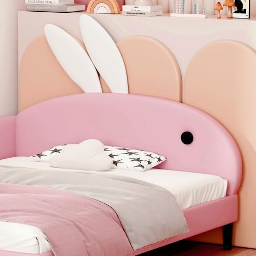 Bellemave Twin Size Kids Bed Frame with Rabbit Ear Headboard - Upholstered Daybed for Girls in Pink | Perfect for Nursery, Bedroom & Playroom Decor