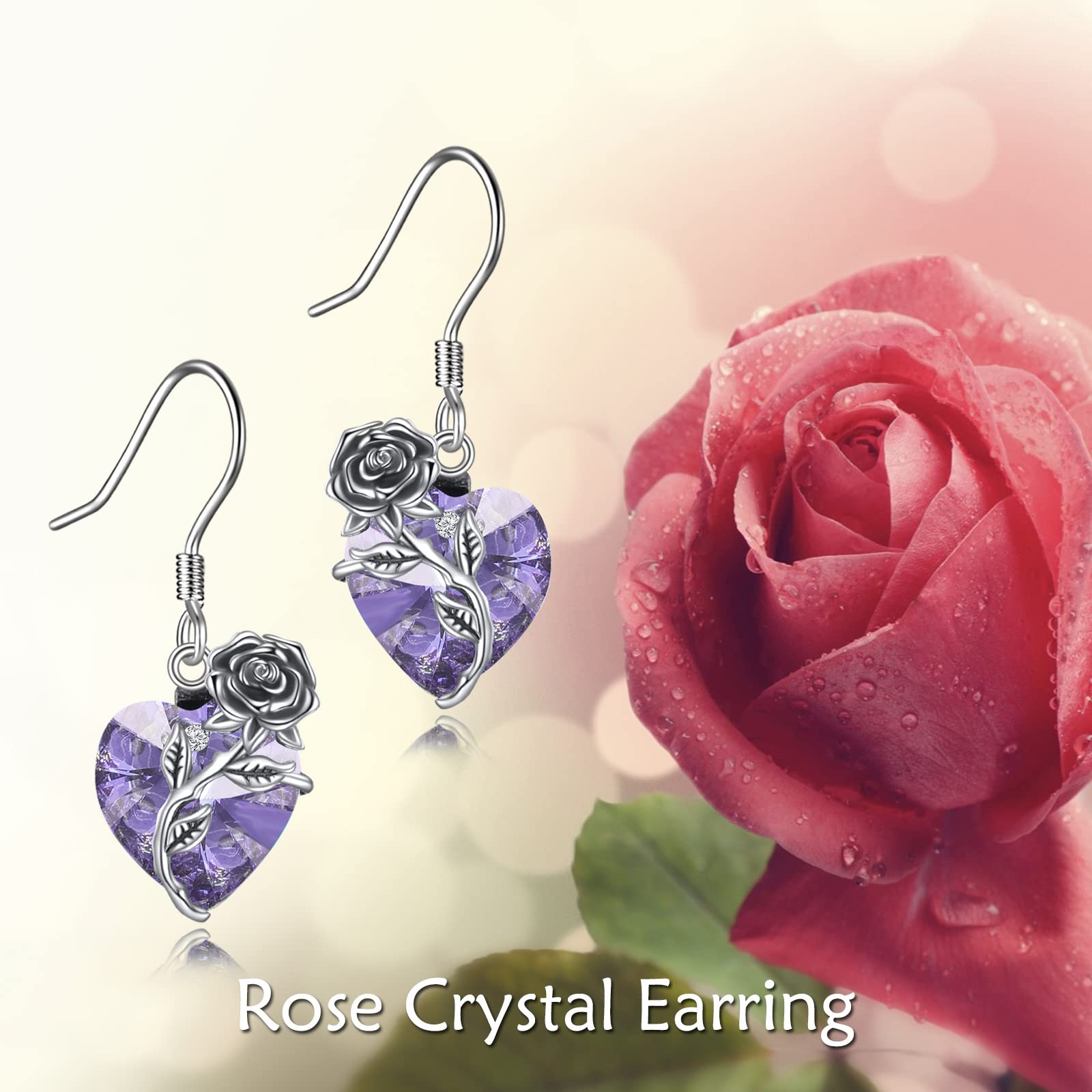 OCJ Rose Birthstone Earrings - 925 Sterling Silver Heart Rose Dangle Drop Earrings for Women | Perfect Jewelry Gift for Birthday, Graduation, Christmas | Elegant Accessory for Girlfriend, Wife, Mom & Friends | Everyday Wear & Special Occasions