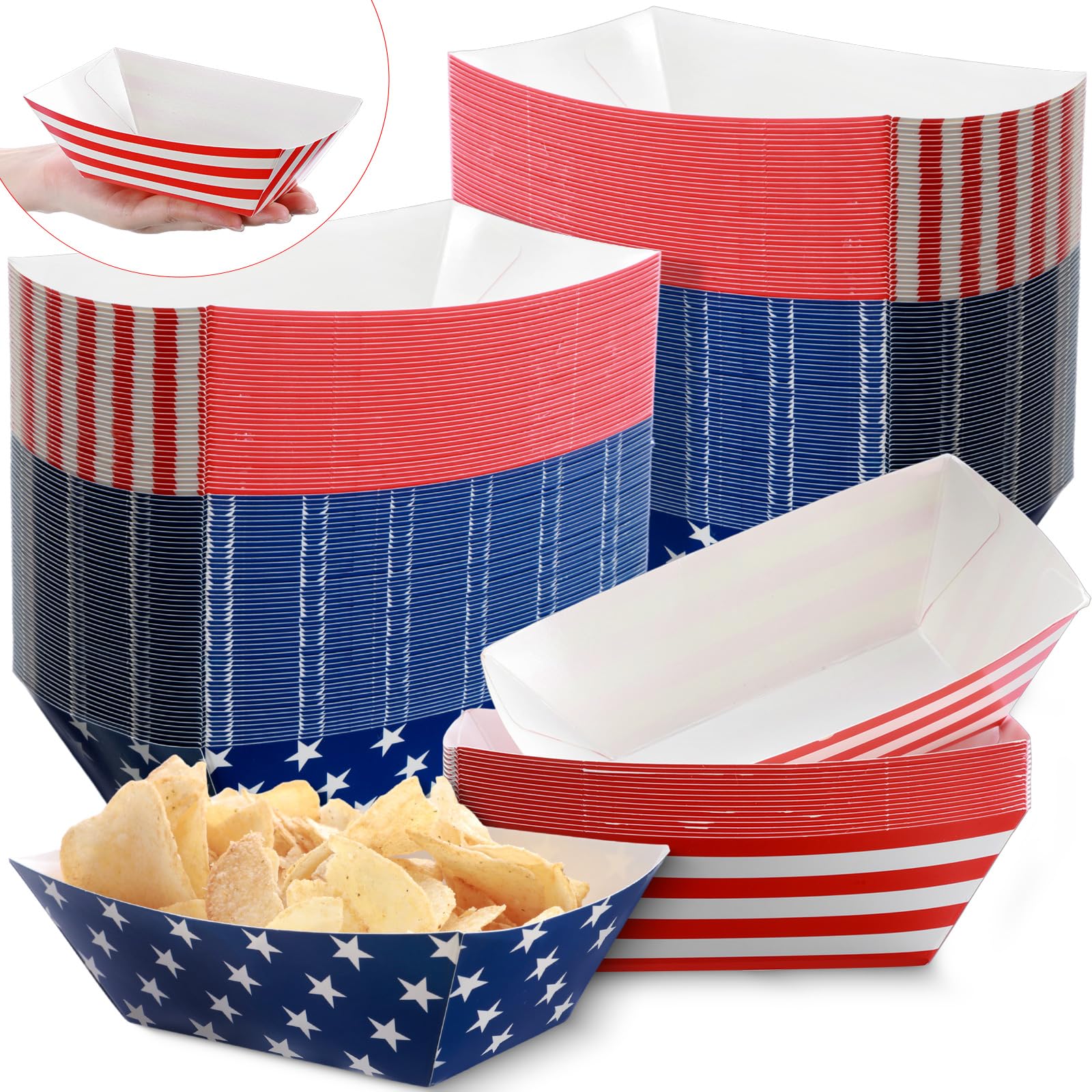 100 Pcs Patriotic Paper Serving Trays - American Flag Themed Food Boats (White, Blue, Red) for 4th of July, Labor Day & Veteran Day Parties - Perfect for BBQs, Picnics & Patriotic Events - Disposable Party Tableware for Festive Decorations