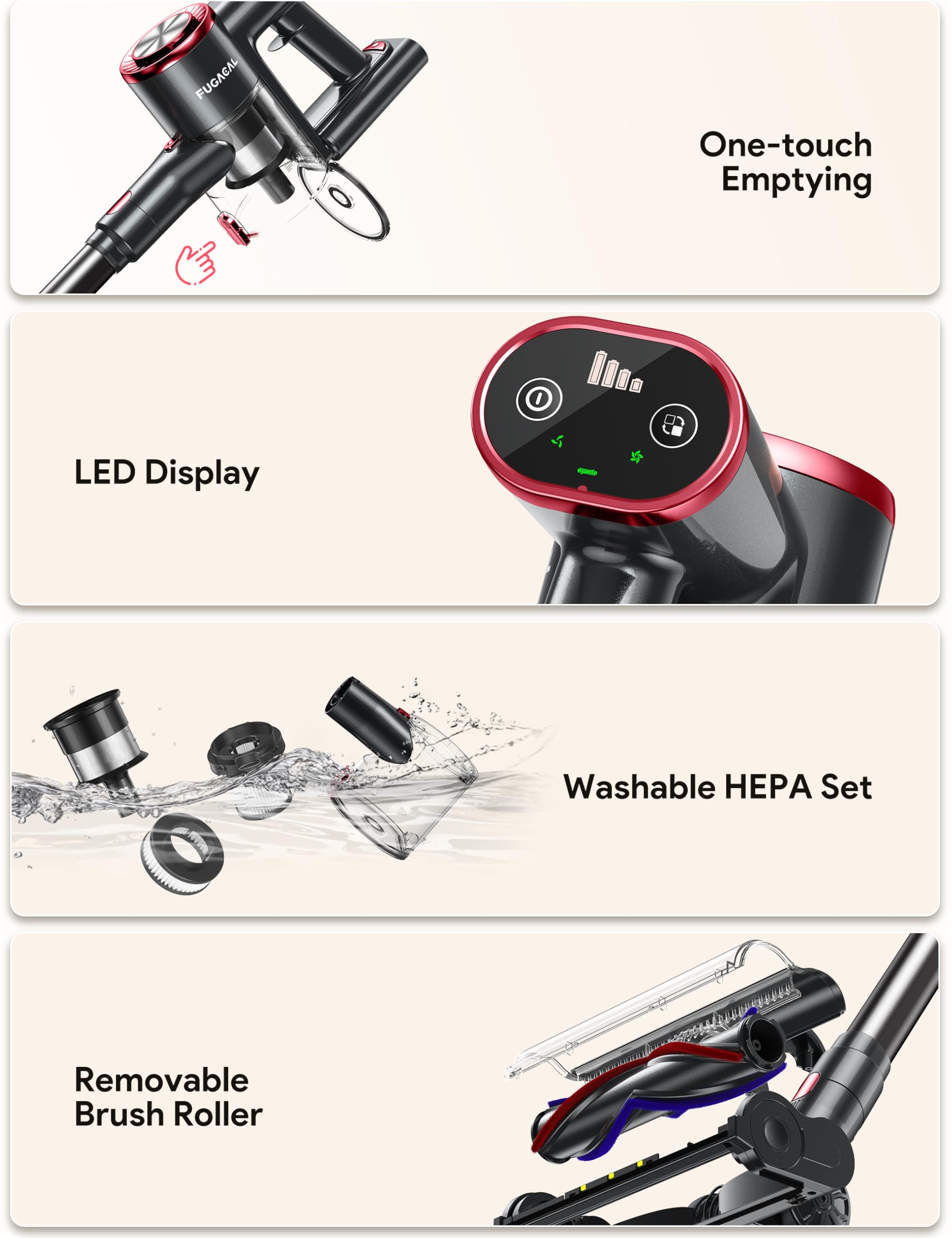 FUFACAL 23KPA Cordless Stick Vacuum Cleaner with 2200mAh Detachable Battery, 42 Mins Runtime, 6-in-1 Multi-Surface Cleaning, LED Display - Lightweight Vacuum for Hard Floors, Carpets, Cars & Pet Hair (Perfect for Home, Office & Auto Cleaning)