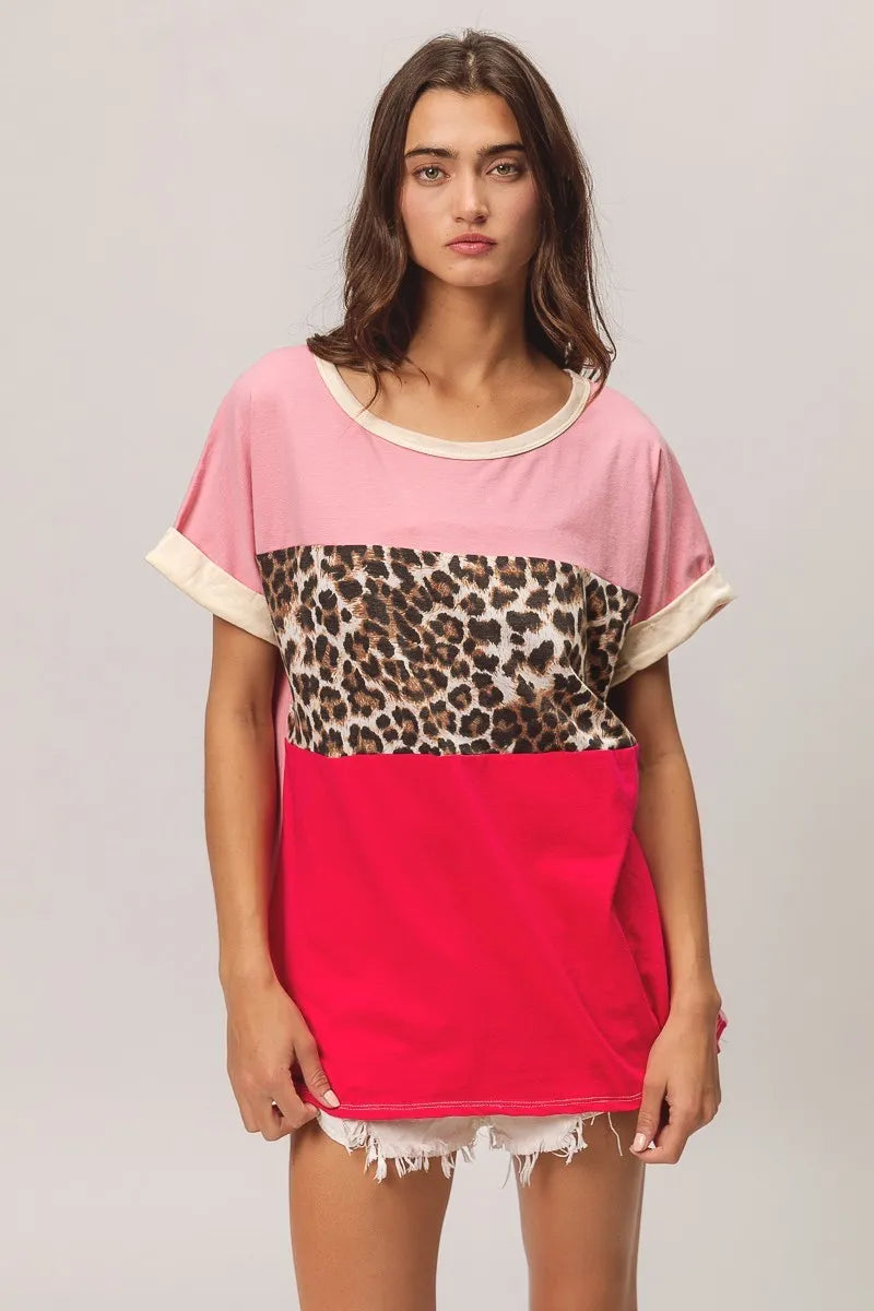 BiBi Leopard Print Jersey Color Block Roll Up - Stylish & Comfortable Women's T-Shirt for Casual Wear, Outfits & Daily Fashion