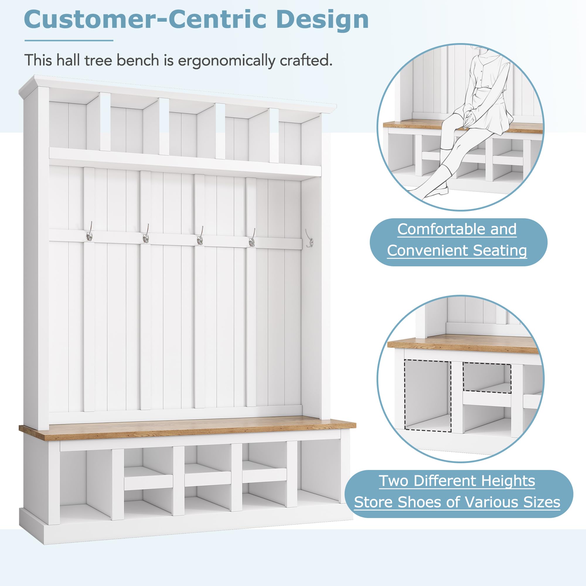 78''H Wide Entryway Hall Tree with Top Shelves, 6 Hooks & Storage Bench - White Shoe Cabinet with Cube Storage for Living Room, Mudroom & Hallway Organization | Perfect for Entryway Decor, Coat Hanging & Shoe Storage