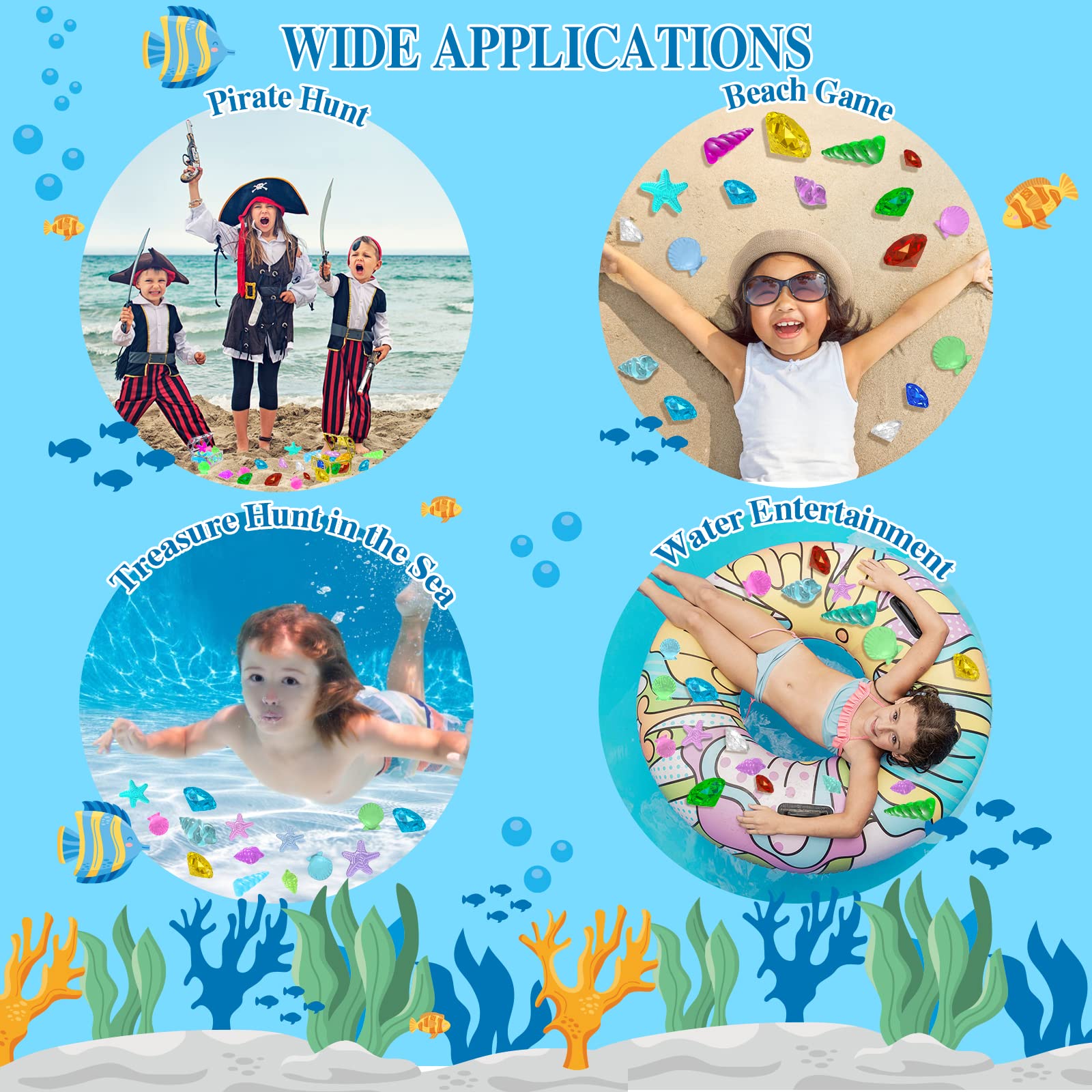 MGparty 24pcs Colorful Diving Gem Pool Toys Set with Pirate Treasure Box - Underwater Swimming Toys for Kids, Boys & Girls - Perfect for Pool Games, Summer Water Play & Treasure Hunt Activities