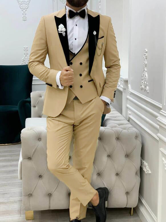 Slim Fit 3-Piece Creamy Yellow Men's Tuxedo Suit for Wedding, Prom, Formal Events - Premium Quality CB37143 | Perfect for Grooms, Graduation & Special Occasions