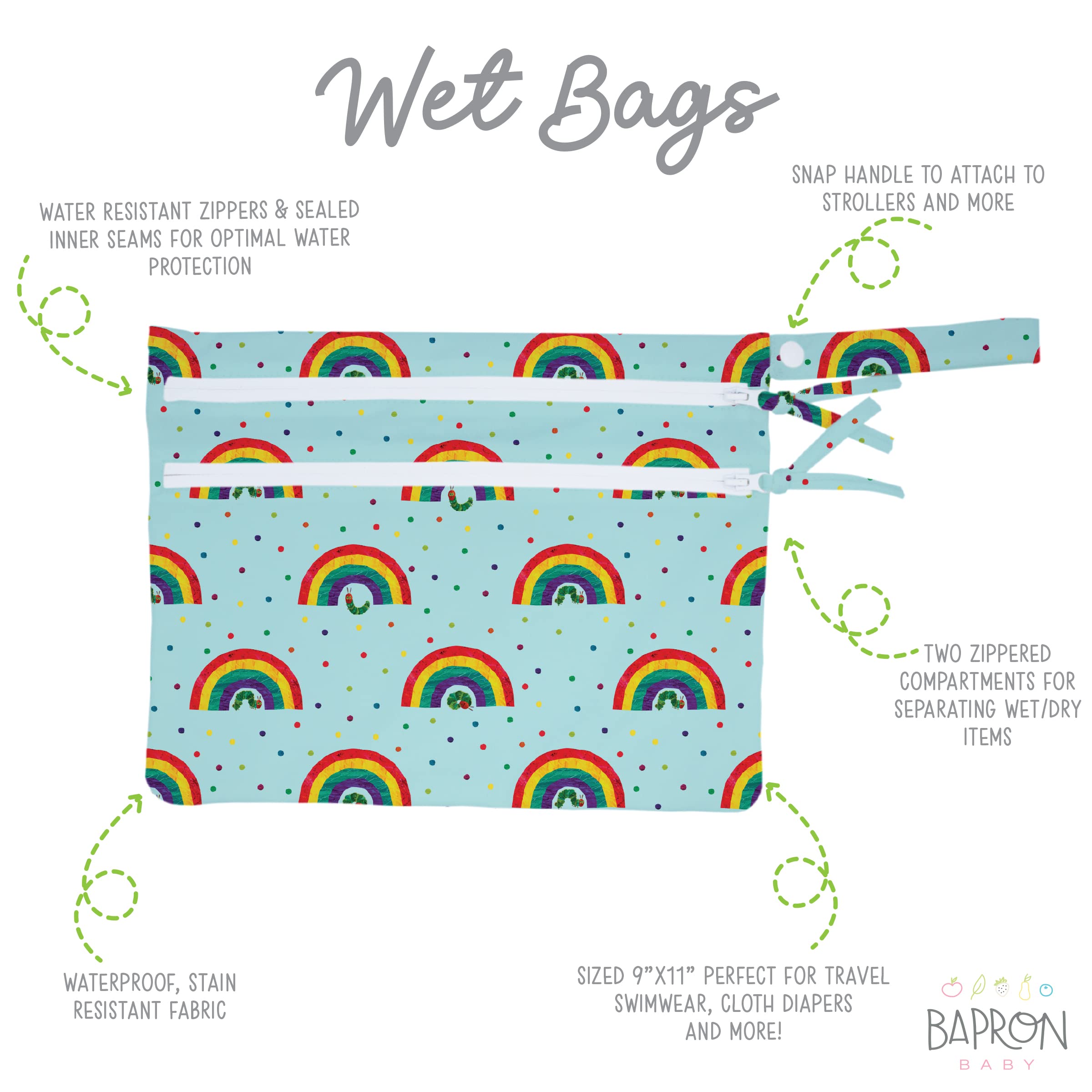 BapronBaby Eric Carle Rainbow Caterpillar Wet Dry Bag - Waterproof Reusable Storage with 2 Zipper Pockets for Diapers, Swimsuits, Snacks & Baby Essentials - 11