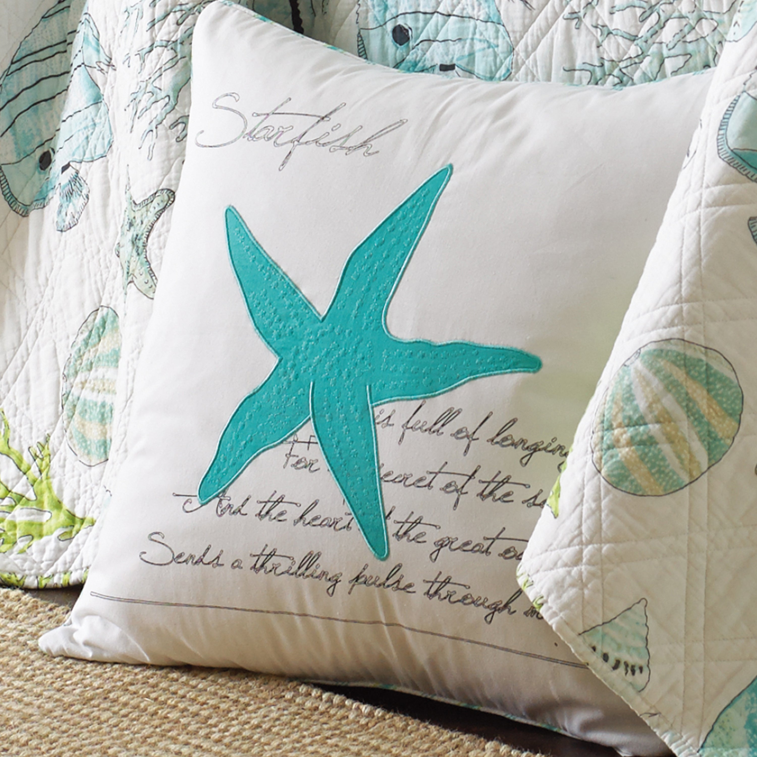Biscayne Teal Starfish Throw Pillow - Soft Decorative Cushion for Coastal Home Decor, Beach House Living Room, Bedroom & Nursery Accent