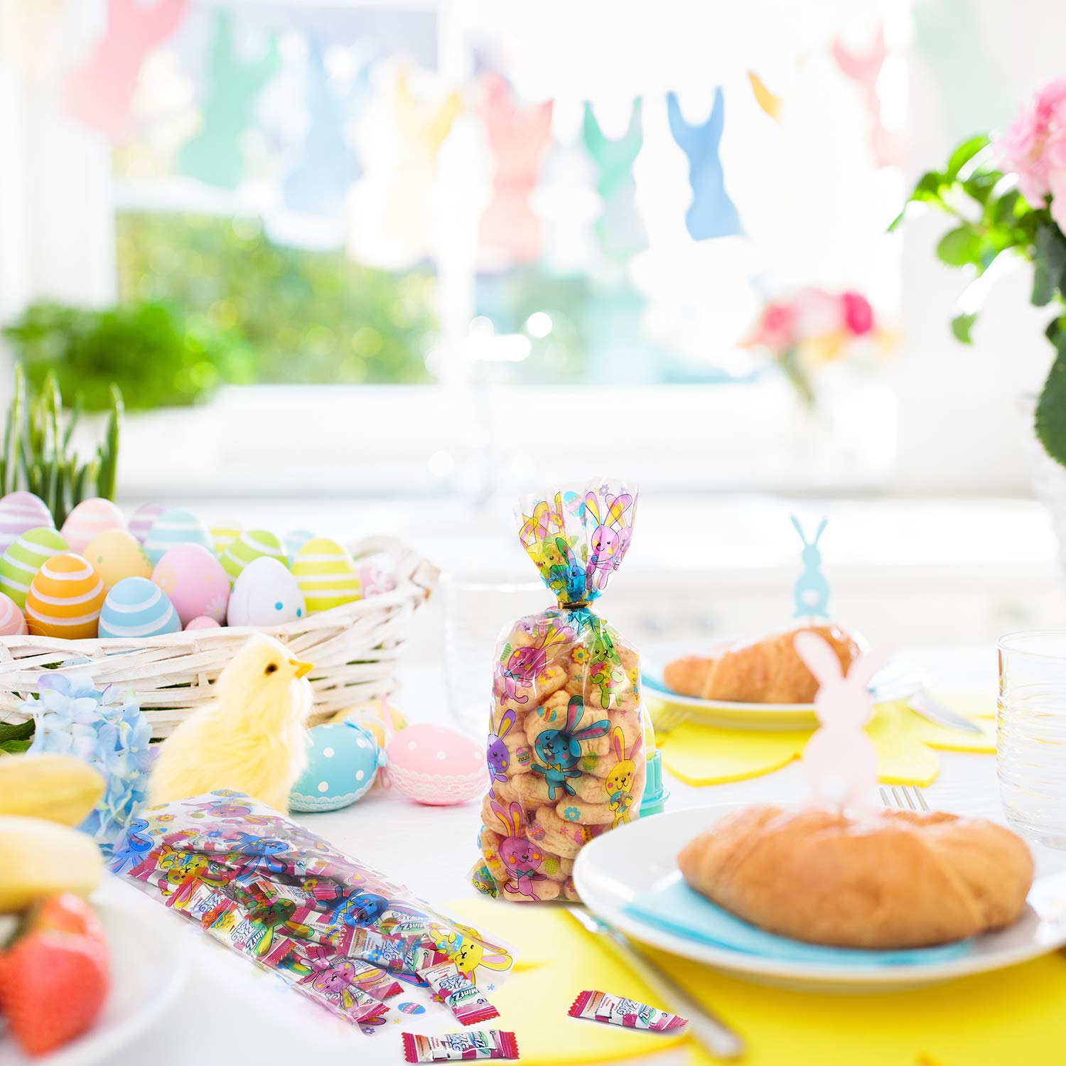 100 Pack Easter Treat Bags - Bunny Candy Cellophane Goodie Bags for Easter Egg Hunt, Party Favors & Gift Giving (Rabbit Design) - Perfect for Classroom Treats, Birthday Parties & Holiday Celebrations