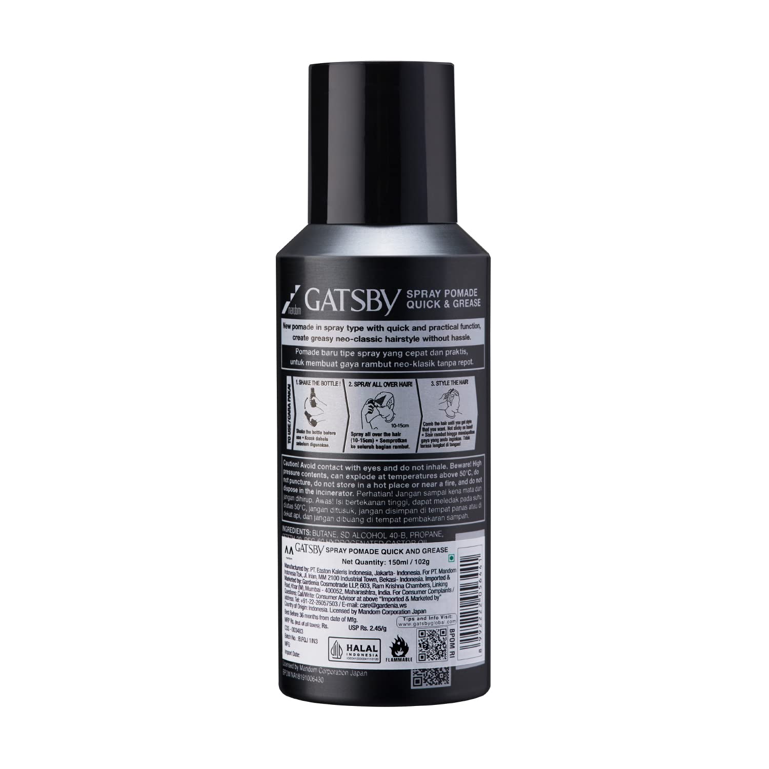 Gatsby Japan Spray Pomade - Quick & Grease Hair Styling | Slicked Back Hairstyle with Shine Effect | Non-Sticky Hair Spray for Men | 150ml | Made in Indonesia | Perfect for Daily Use, Parties & Professional Styling