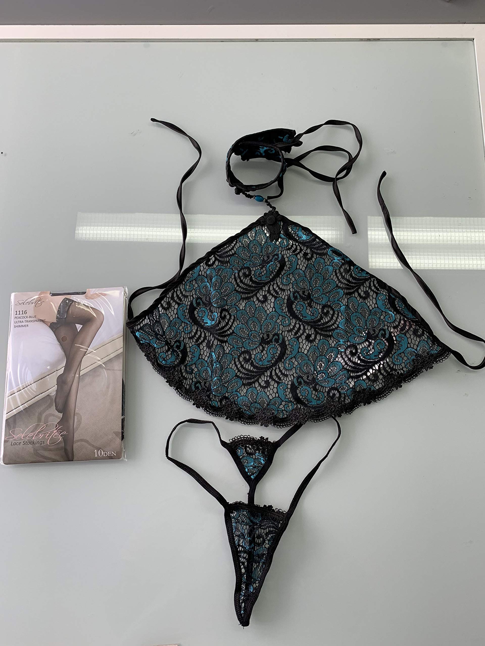 Vintage Peacock Feather Lingerie Set for Women - Sexy Apron, Stockings & Panties in Blue | Burlesque, Cosplay & Boudoir Photography Outfit
