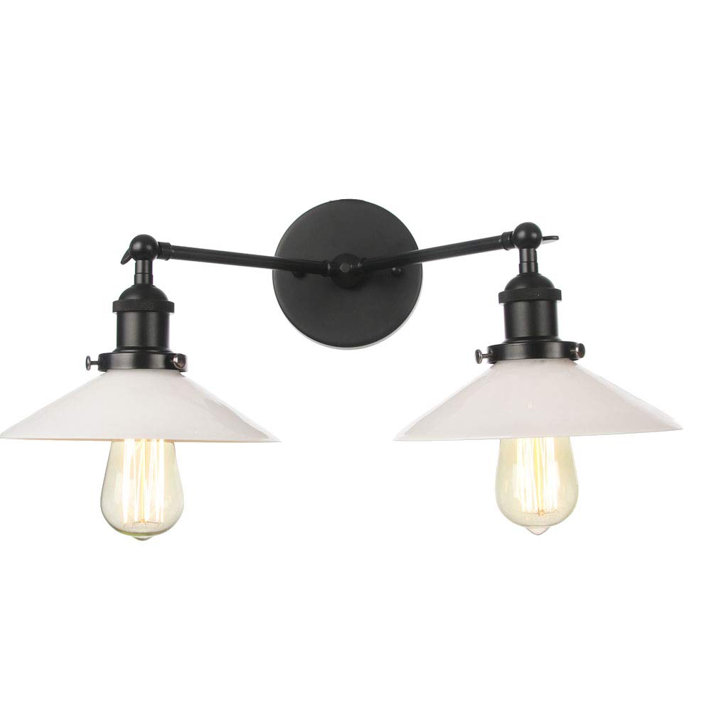 2-Lights Vintage Wall Sconce - Adjustable Black Metal Fixture with Rustic Glass Lampshade - Bedroom Wall Lighting for Home Decor, Hallway & Living Room Ambience