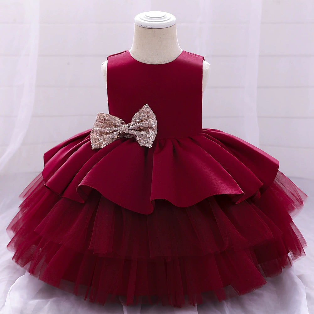 Burgundy Princess Round Neck Tea Length Satin Flower Girl Dress for Weddings, Parties & Special Occasions