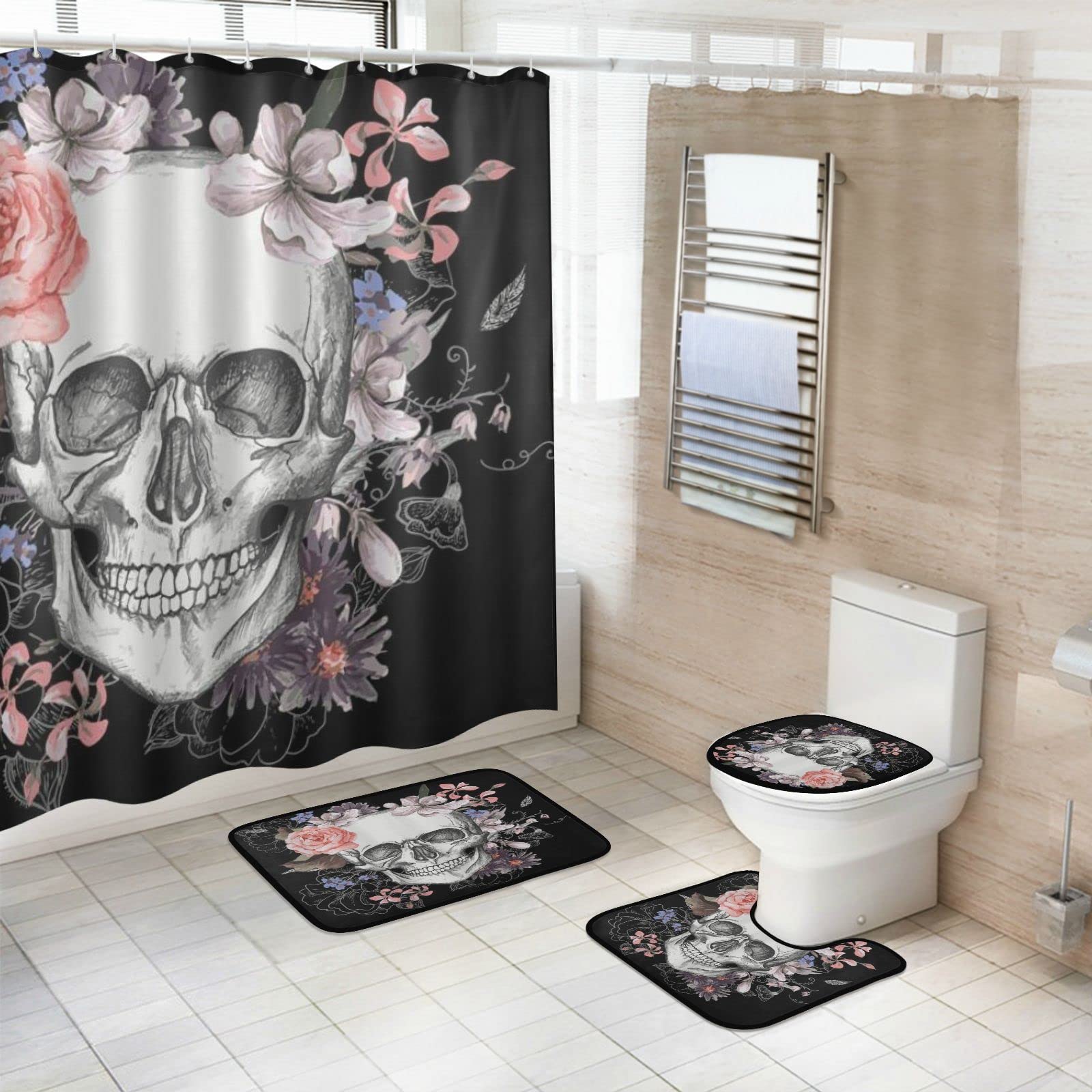 JSTEL Halloween Skull Bathroom Rug Set - 4 Piece Non-Slip Memory Foam Bath Mat with Shower Curtain, Toilet Lid Cover & Contour Rug (Includes 12 Hooks) - Spooky Decor for Halloween Bathroom, Haunted House Party & Gothic Home Decor