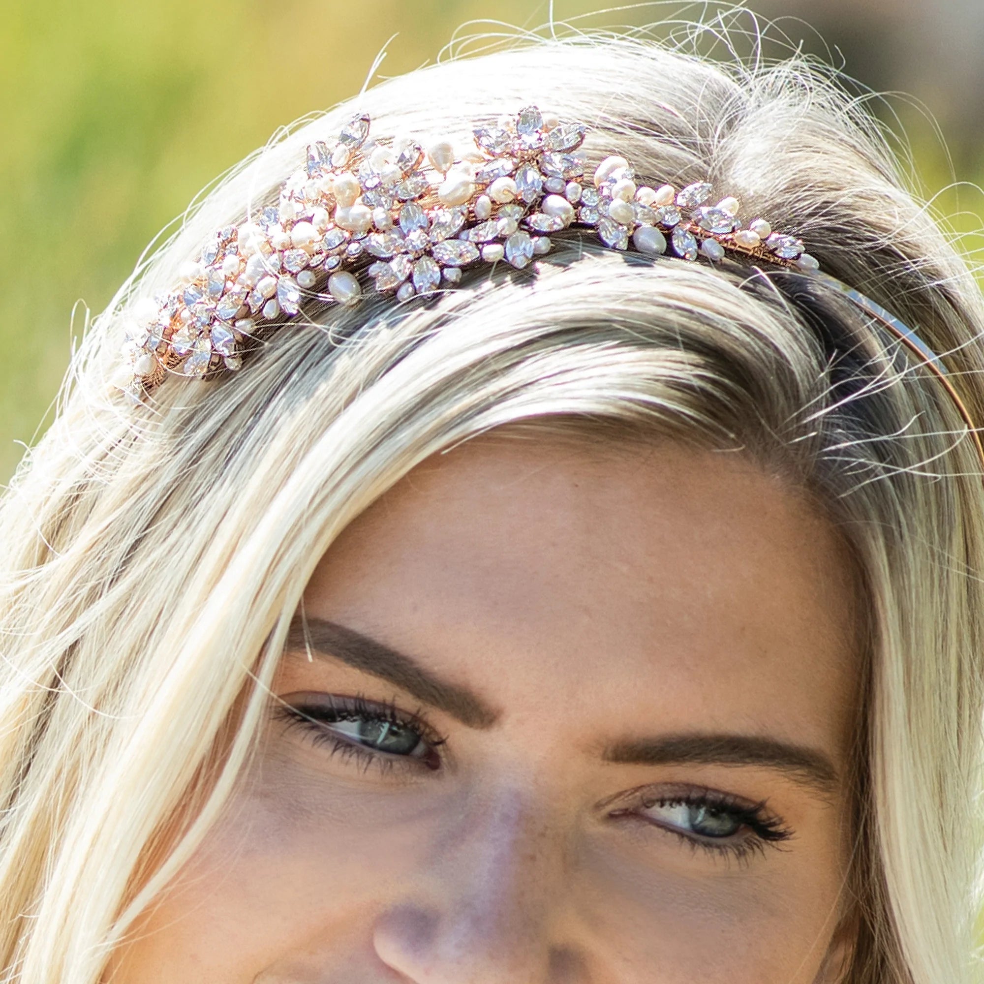 Elegant Rose Gold Bridal Headband with Sparkling Crystals & Pearls - CHARADE Wedding Hair Accessory for Brides, Bridesmaids & Special Occasions
