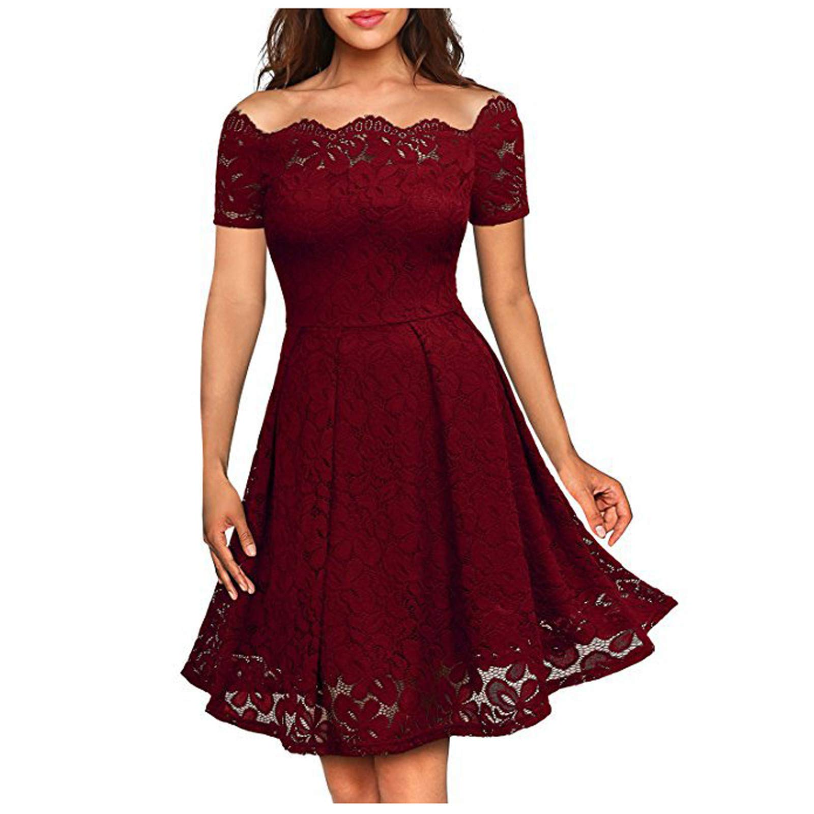 Vintage Lace Cocktail Dress for Women - Off Shoulder Short Sleeve Double Layer Wedding Guest Evening Gown | Perfect for Bridal Shower, Cocktail Party, Formal Events and Special Occasions
