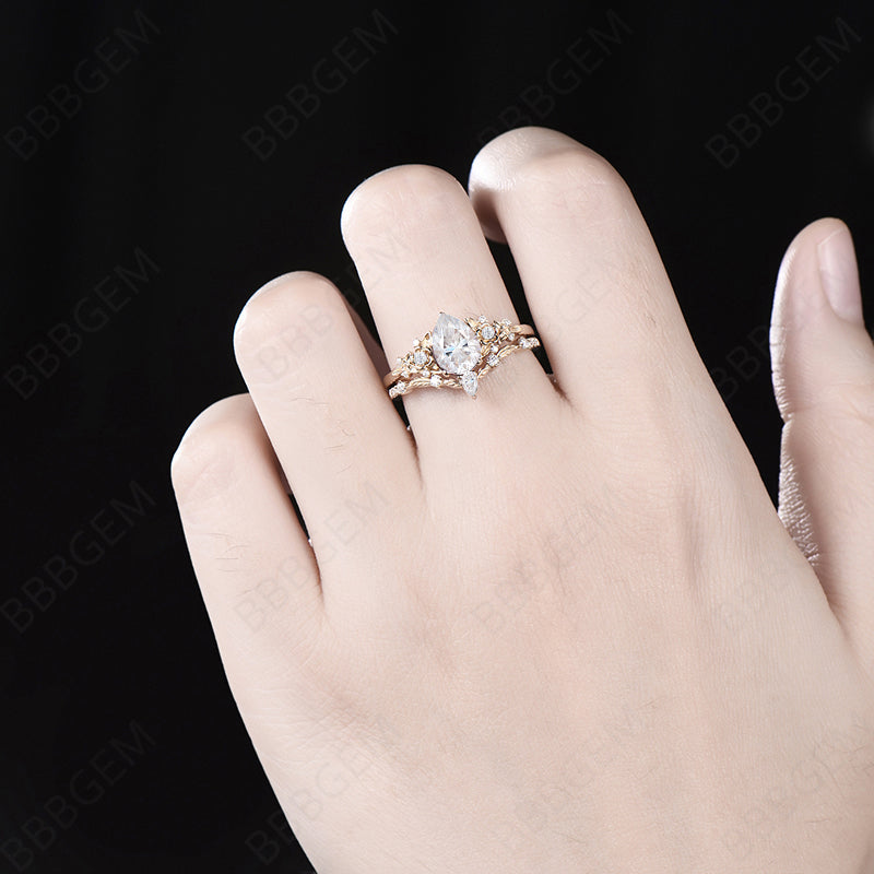 Vintage Pear Moissanite Engagement Ring for Women - Rose Gold Leaf Flower Nature Inspired Bridal Wedding Ring Set with Unique Cluster Diamond | Perfect for Proposals, Anniversaries, and Special Occasions