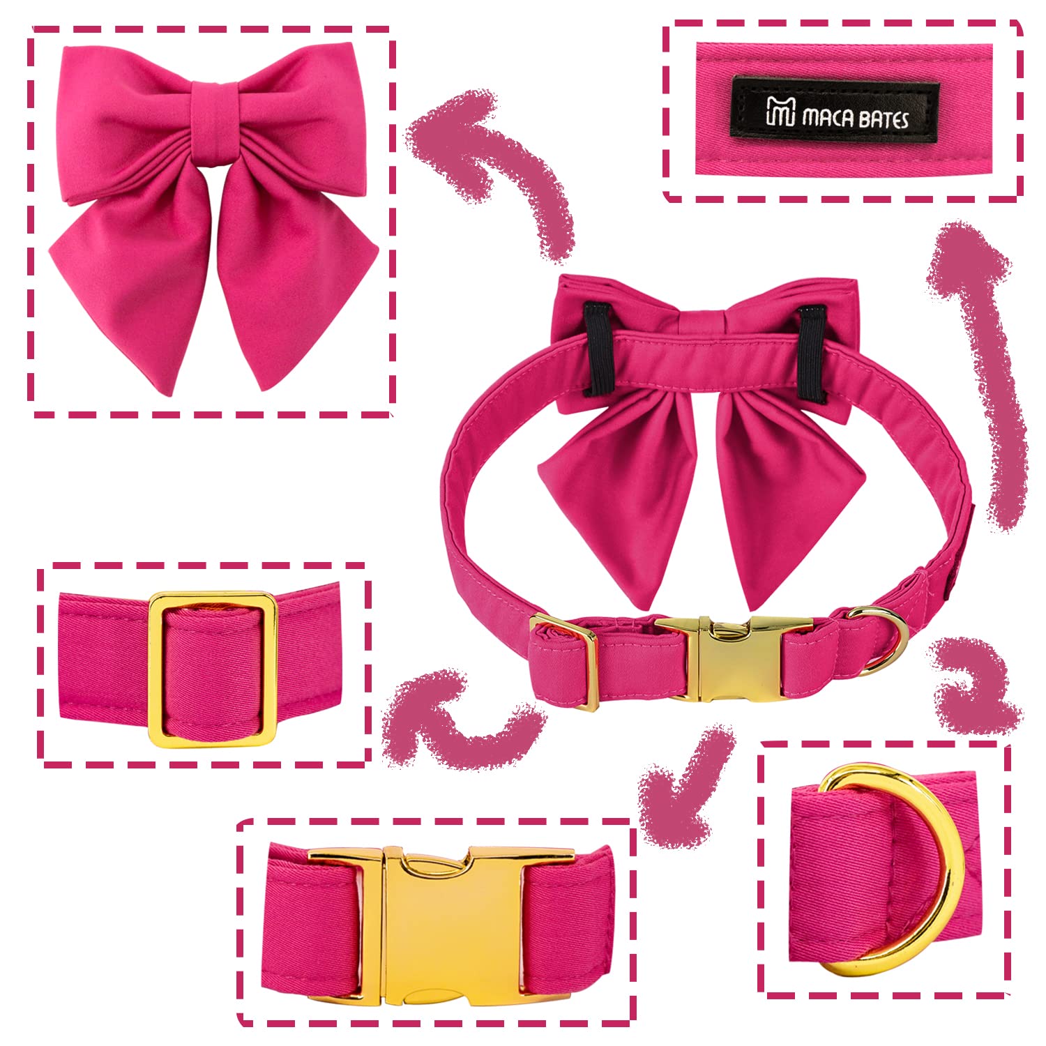 Premium Maca Bates Dog Collar with Adjustable Rose Red Bow Tie - Breakaway Safety Design for Small, Medium, Large & XL Dogs | Perfect Birthday Gift for Puppies, Female & Male Pets | Great for Special Occasions, Photo Shoots & Daily Walks