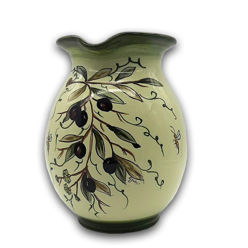 Italian Ceramic Pitcher 33oz - Hand Painted Olive Design Kitchen Carafe & Utensil Holder - Tuscan Pottery Wine Dispenser & Home Decor Vase - Perfect for Italian Kitchen Decor, Wine Serving & Farmhouse Style Dining
