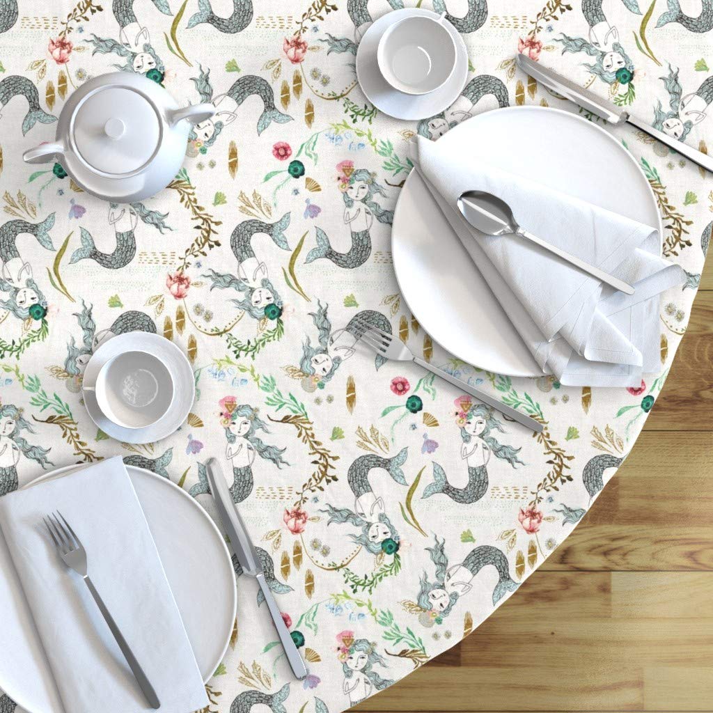 Custom Mermaid Ocean Watercolor Print Cotton Sateen Tablecloth 70