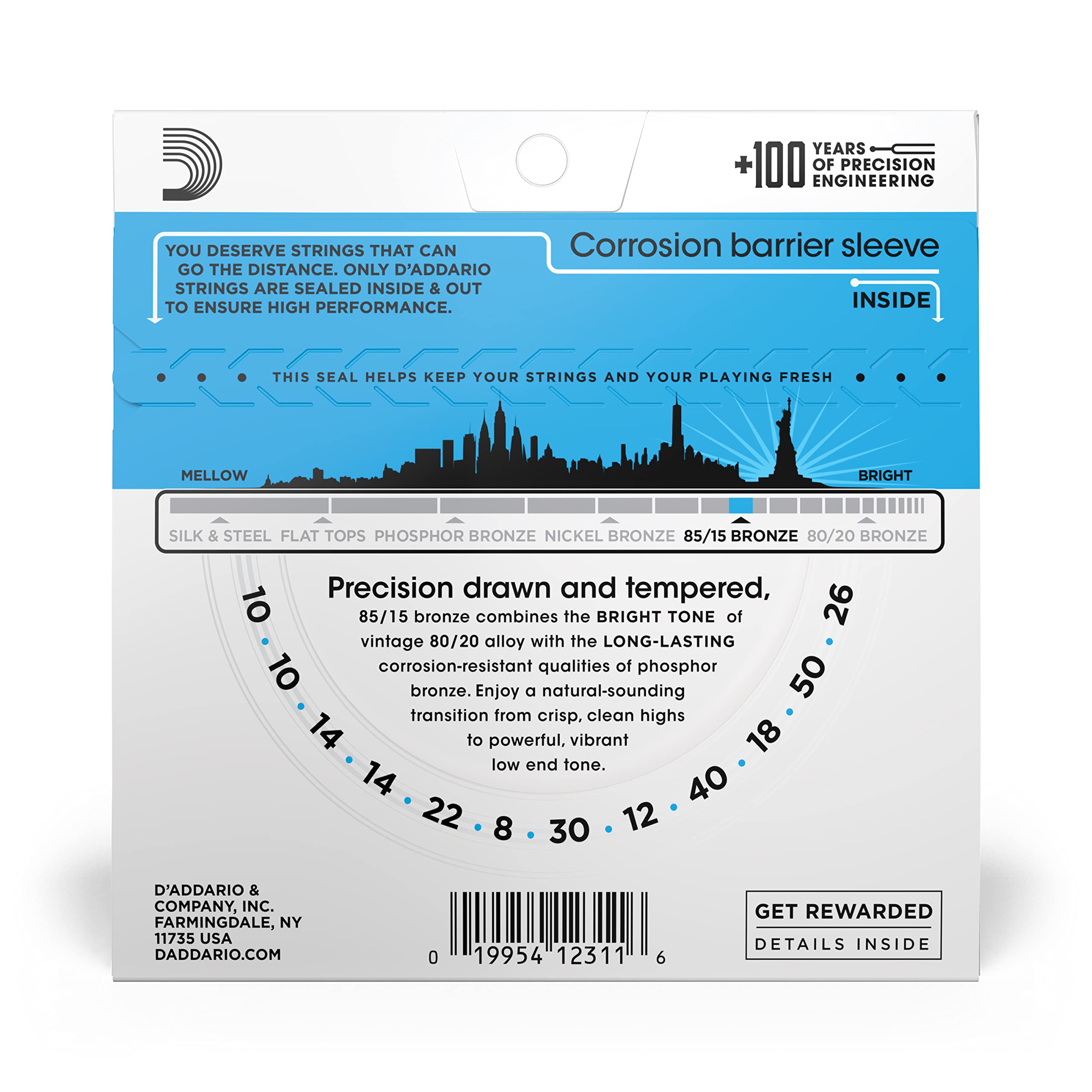 D'Addario American Bronze Light Acoustic Guitar Strings (.010-050 Gauge) - 12 Pack (EZ940) for Folk, Country & Fingerstyle Playing