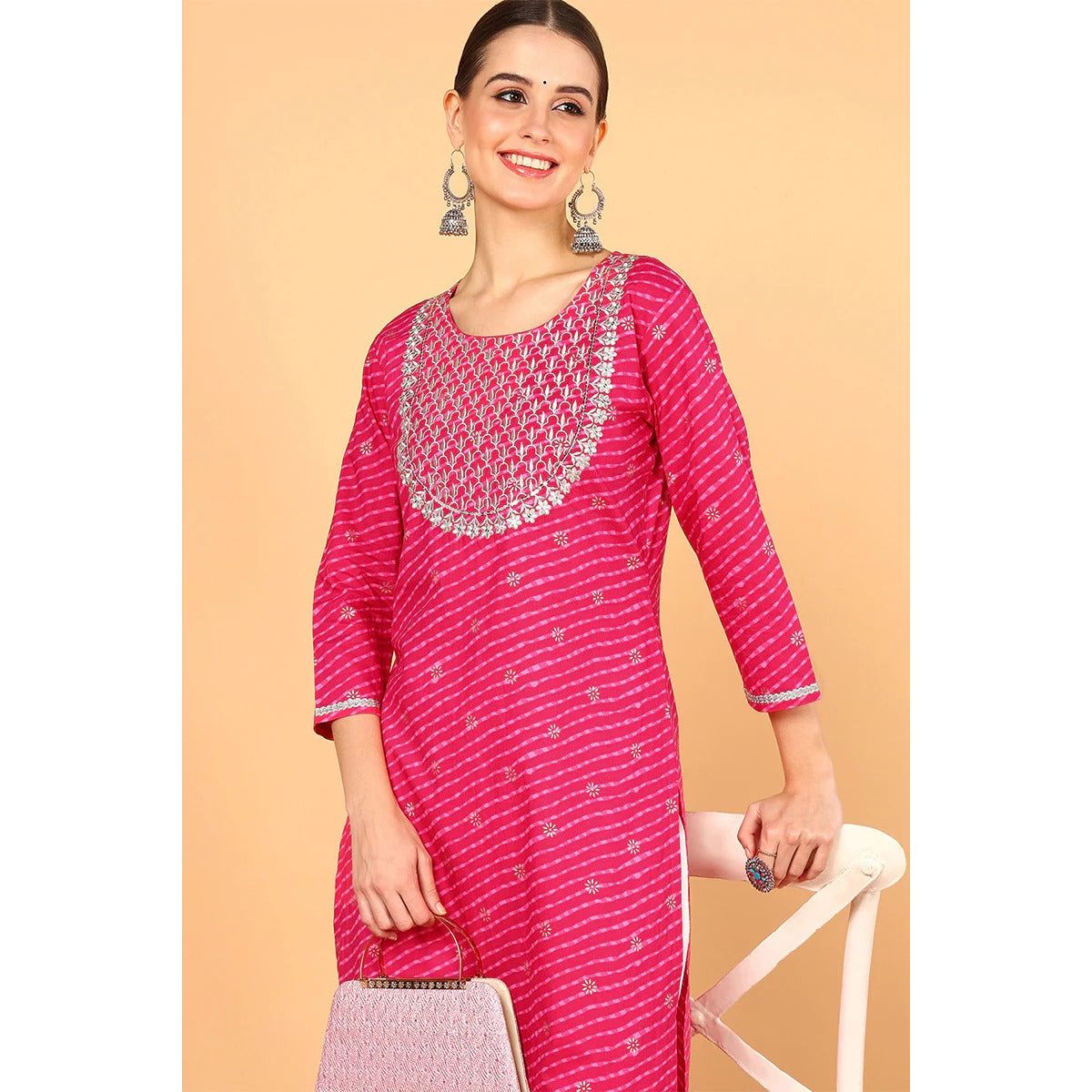 Pink Cotton Leheriya Printed Straight Kurta for Women – Comfortable Indian Ethnic Wear for Festivals, Parties & Casual Outings