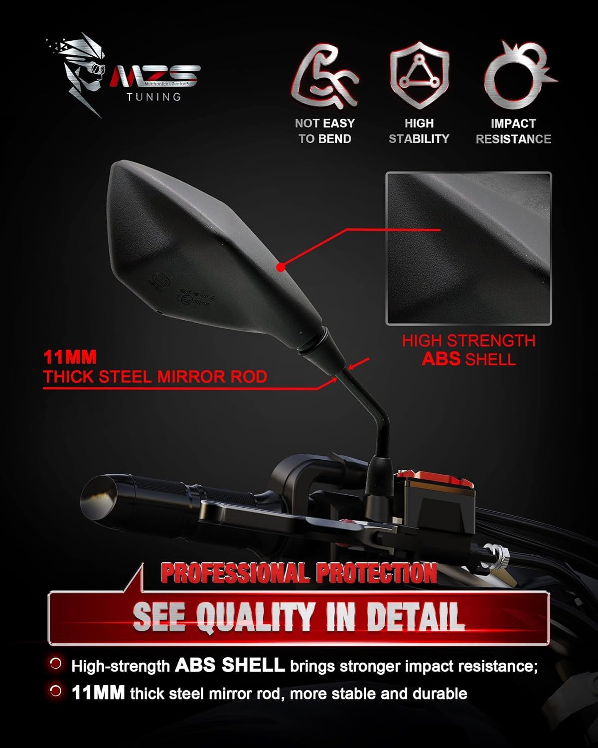 Universal MZS Motorcycle Mirrors 10mm & 8mm - CNC Handlebar Mount ATV Rearview Side Mirrors (Black) for Dirt Bikes, Street Bikes, Adventure Quads, Snowmobiles & Scooters - Enhanced Safety for Off-Road & Urban Riding