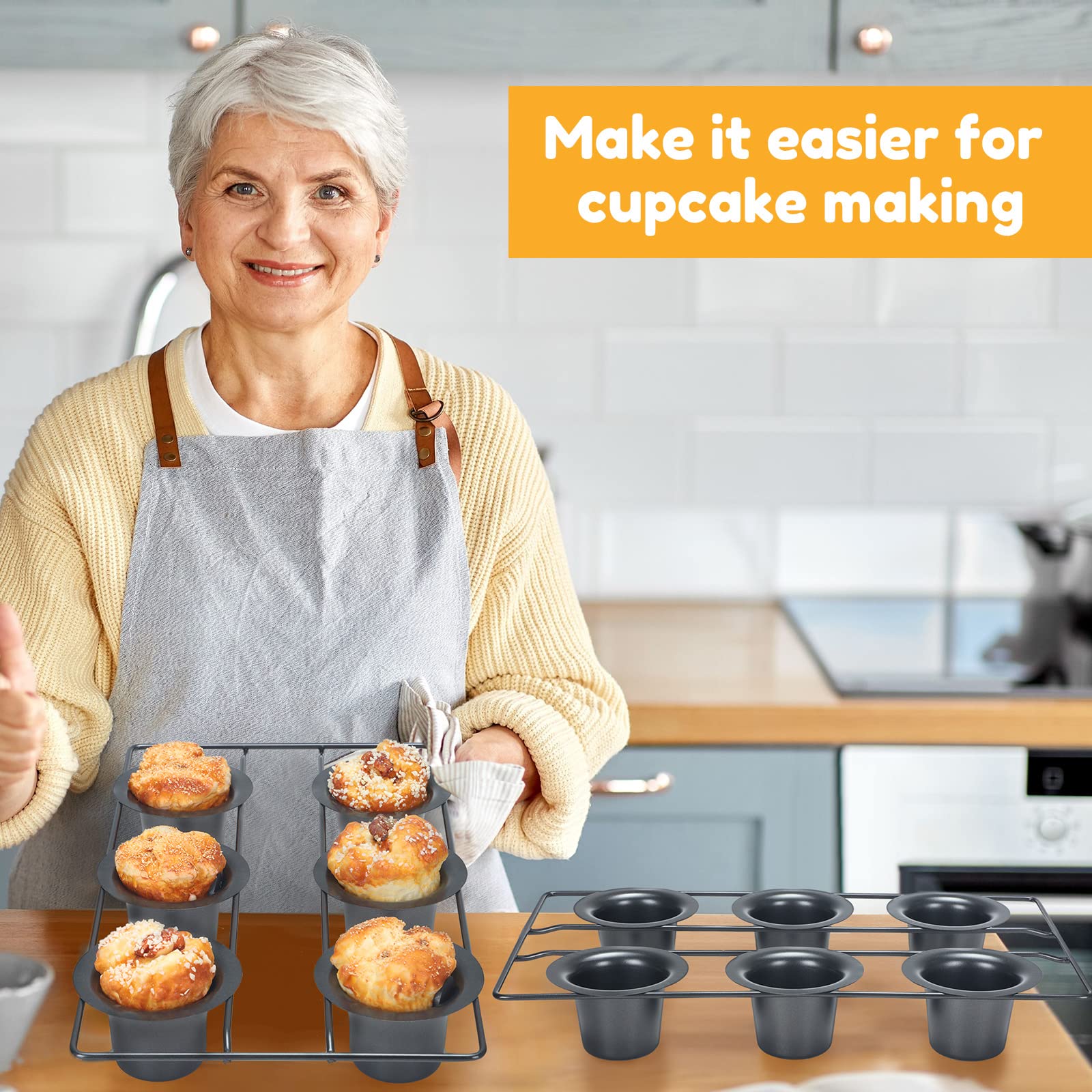 Shellwei 2-Piece Nonstick Popover Pan Set - 12 Cup Muffin Pan for Baking Cupcakes, Quiches, Frittatas & Pudding Cakes - Heavy Duty Bakeware for Oven, Perfect for Home Baking, Holiday Treats & Party Desserts (Black)