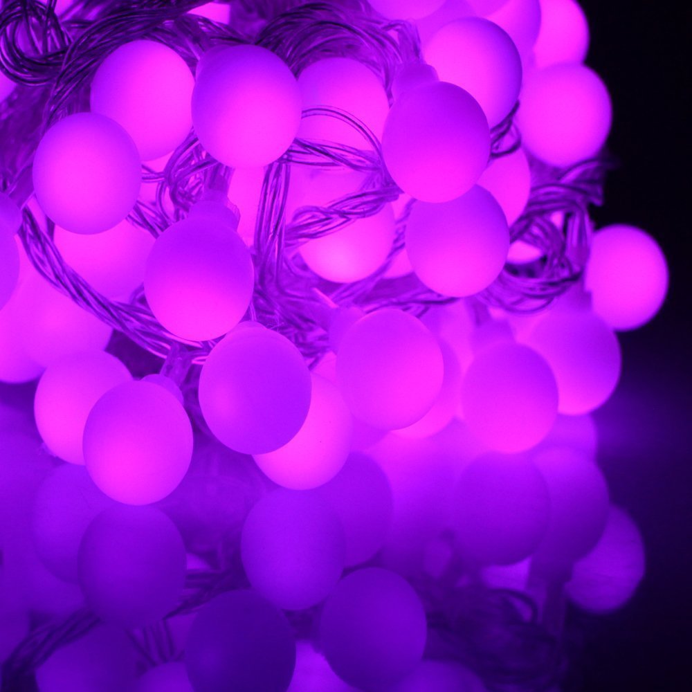 DINOWIN Solar Powered 50 LED Ball String Lights - 23ft/7M Waterproof Fairy Lights for Outdoor Garden, Lawn, Yard, Fence & Christmas Tree Decorations (Purple) | Perfect for Patio Parties, Weddings & Holiday Lighting