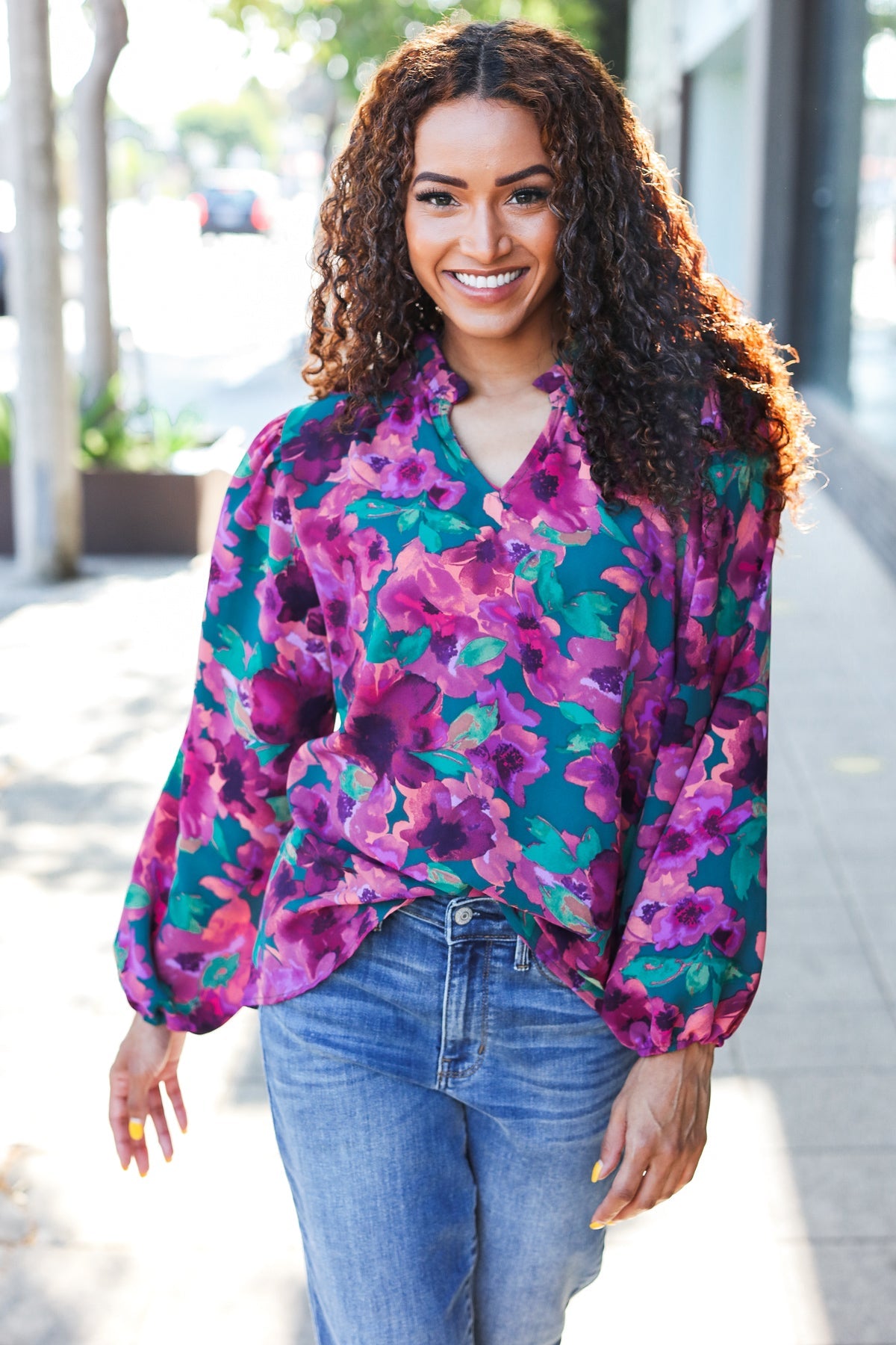Stylish Hunter Green Watercolor Floral Print Notch Neck Blouse - Elegant Women's Tops for Casual Wear, Office Outfits & Spring Fashion