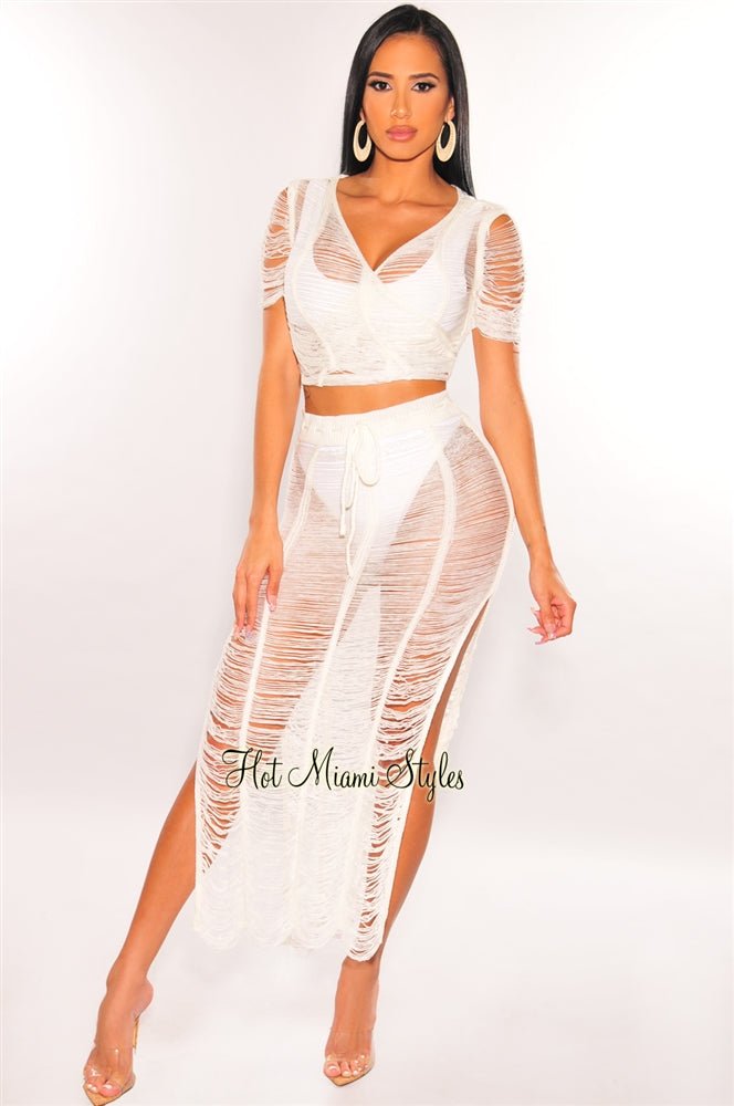 Elegant White Crochet Knit Sheer Skirt Two Piece Set - Summer Beach Cover Up, Boho Chic Outfit for Women, Perfect for Vacations, Pool Parties and Music Festivals