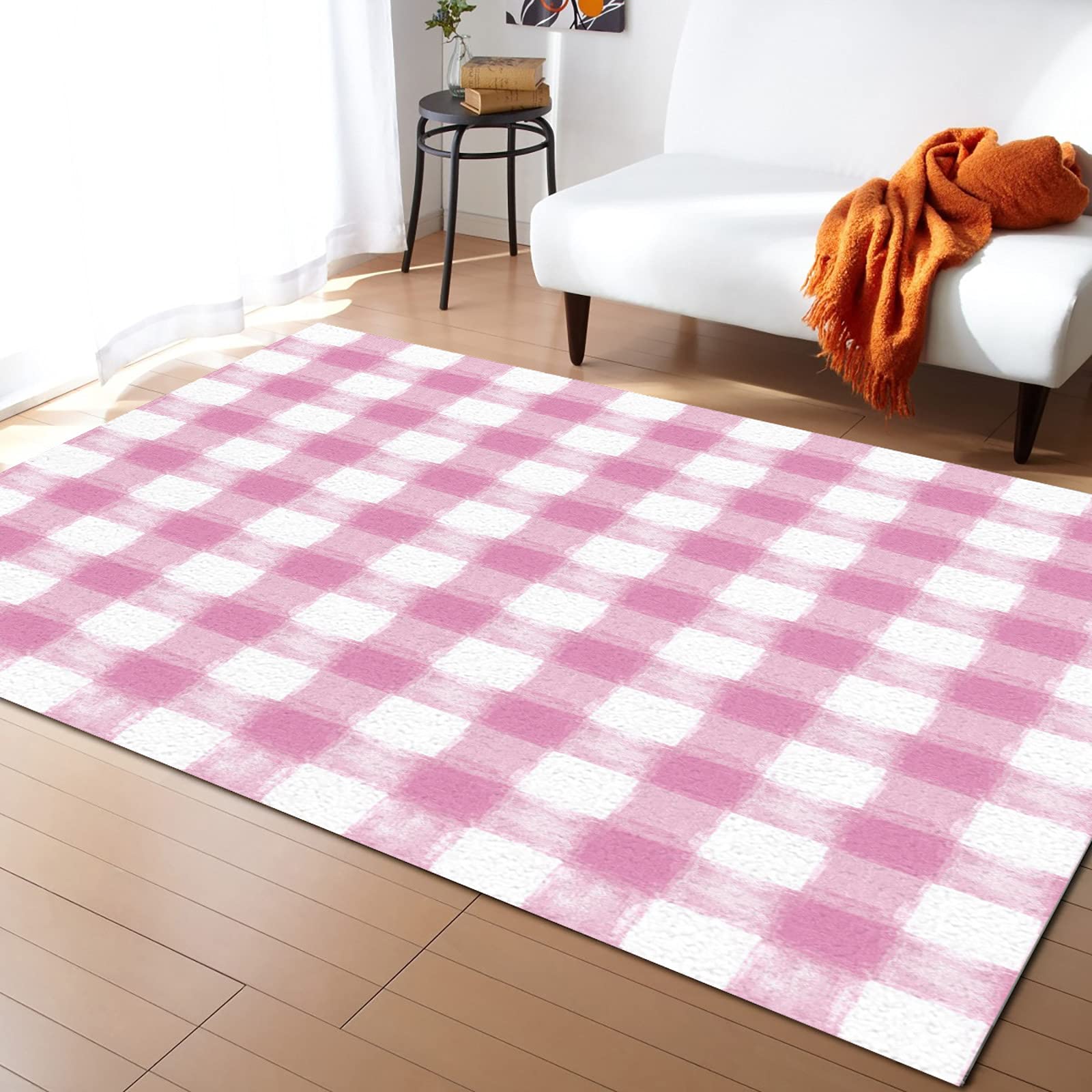 4'x7' Abstract Pink Buffalo Plaid Area Runner Rug - Washable Indoor/Outdoor Carpet for Kitchen, Living Room, Bathroom, Bedroom, Classroom & Laundry Room - Rustic Watercolor Design Welcome Mat & Desk Mat for Home Decor