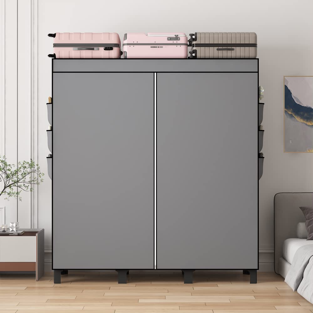 Portable Wardrobe Closet for Bedroom - Heavy Duty Black Clothes Hanging Organizer with 3 Rods, 6 Shelves & Side Pocket (51