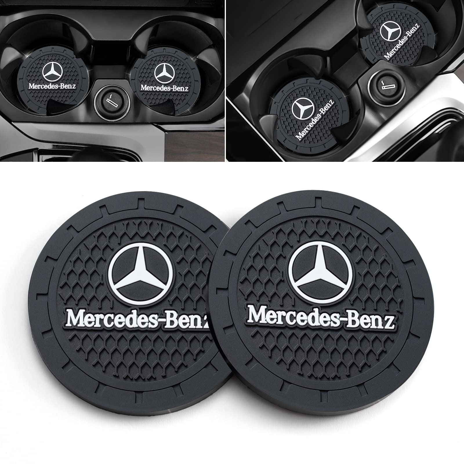Mercedes-Benz Car Cup Holder Coaster - Non-Slip Silicone Drink Mat for A-Class, C-Class, CLA, CLS, AMG, GLC, GLE, GLS - 2.76in Black Set of 2 - Perfect for Coffee, Tea, and Beverages on the Go