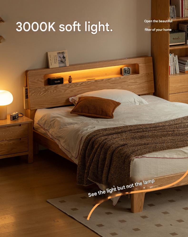Solid Oak and Beech Wood Bed with Built-in LED Lights and Bookshelf - Modern Bedroom Furniture for Small Spaces, Lofts, and Studio Apartments